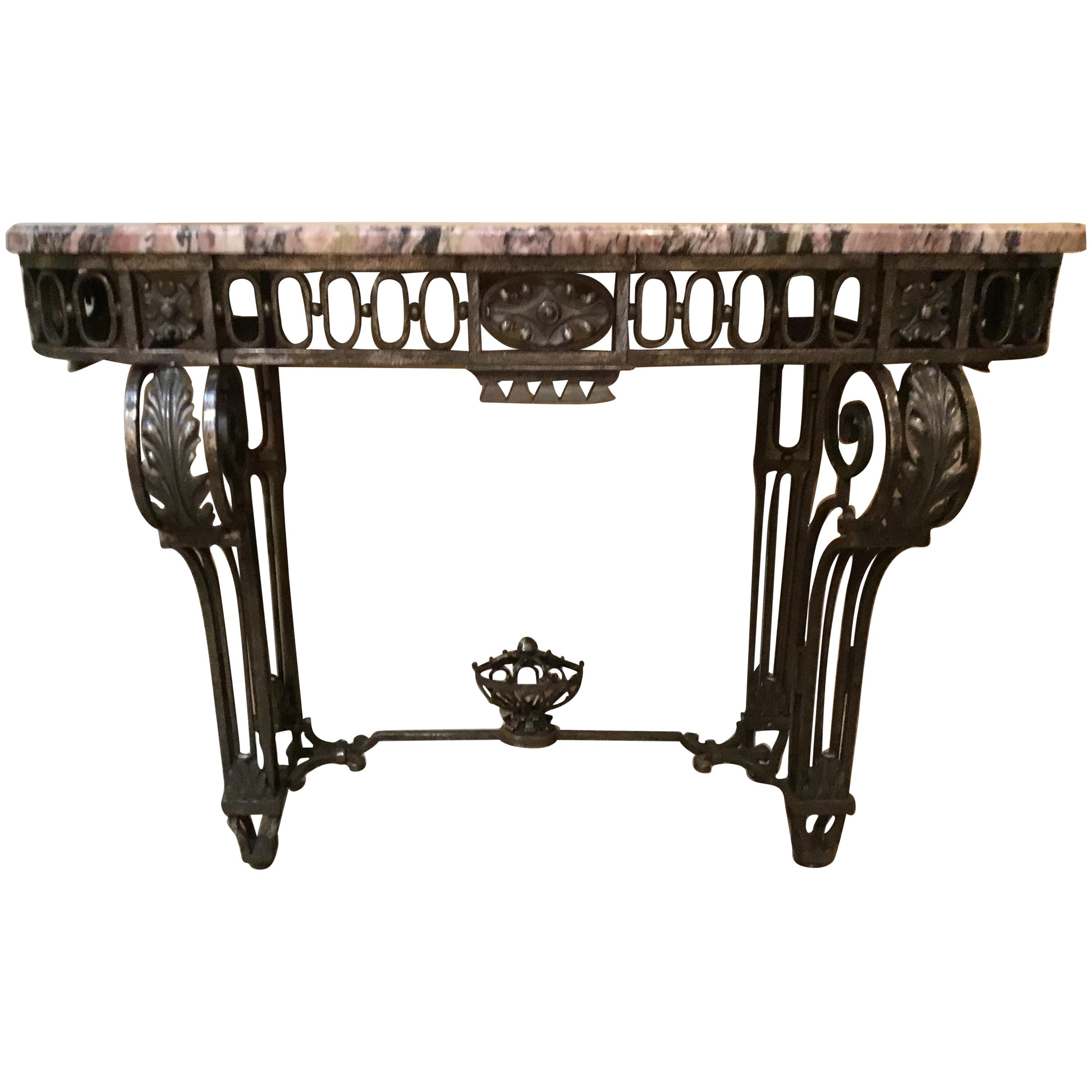 French Art Deco Steel and Marble-Top Console Table