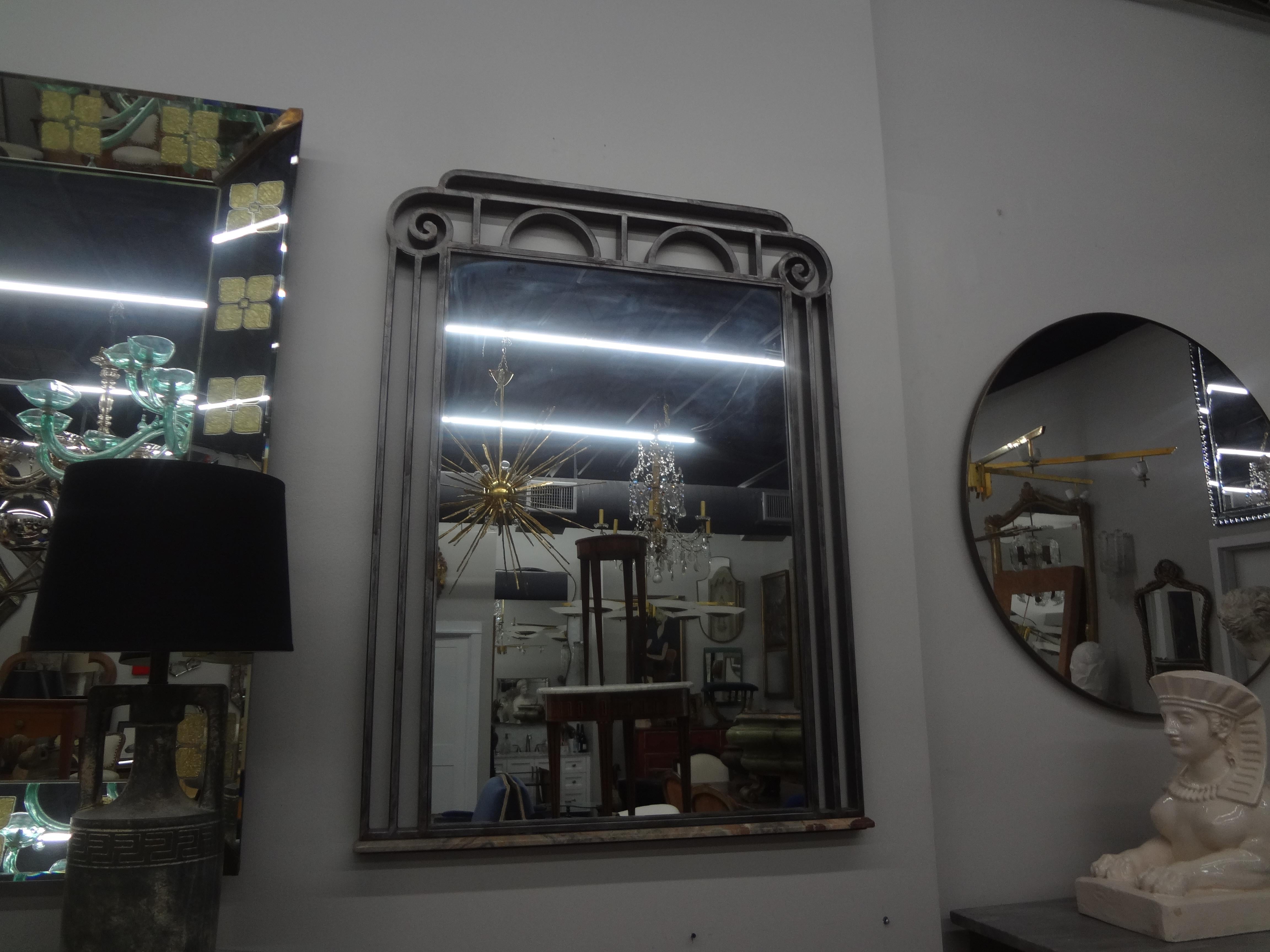 French Art Deco Steel Mirror With Marble Base For Sale 4