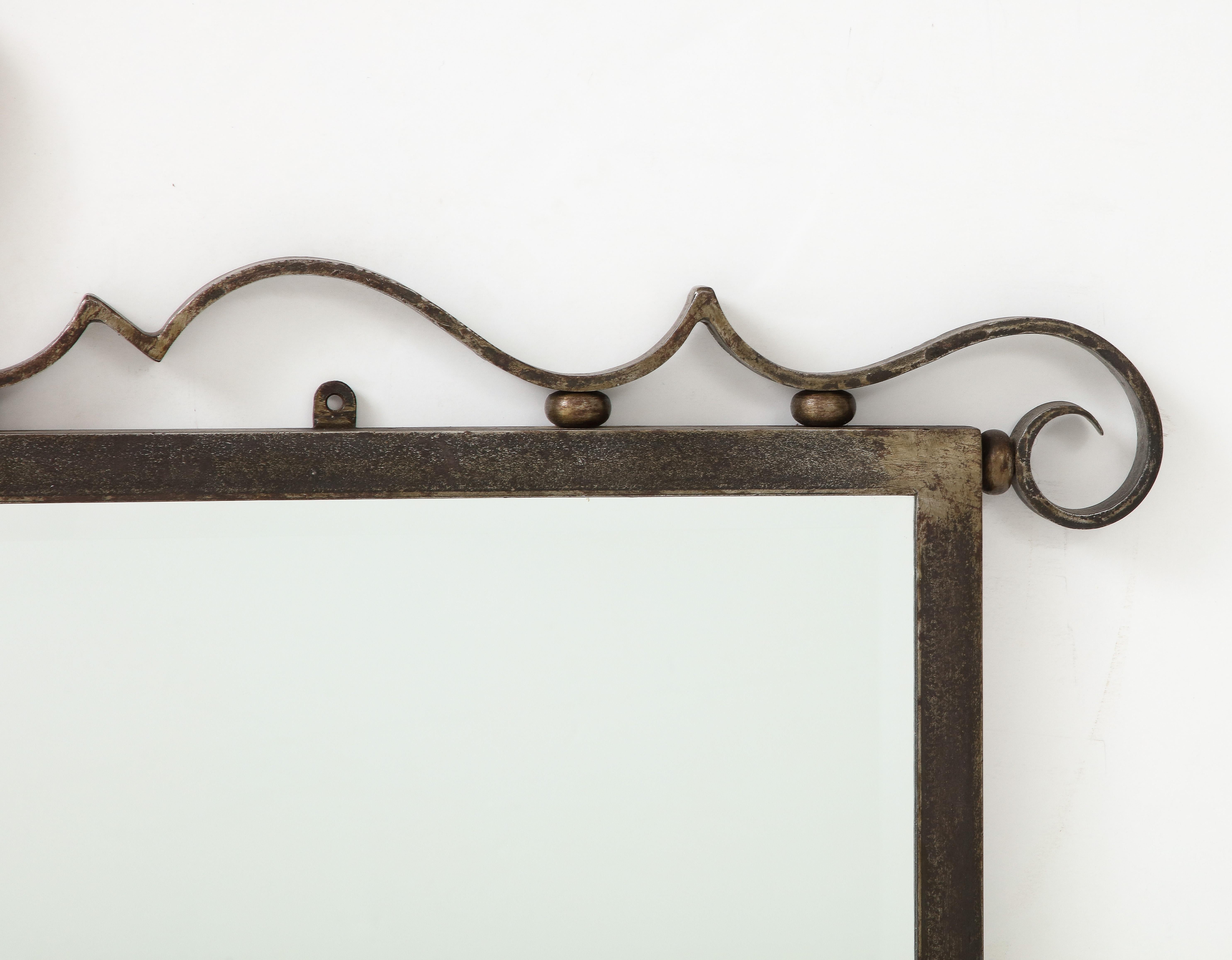Beveled French Art Deco Steel Scrolled Wall Mirror, France, circa 1940  For Sale