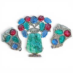 French Art Deco Sterling Glass Fruit Salad Brooch Dress Clip Set