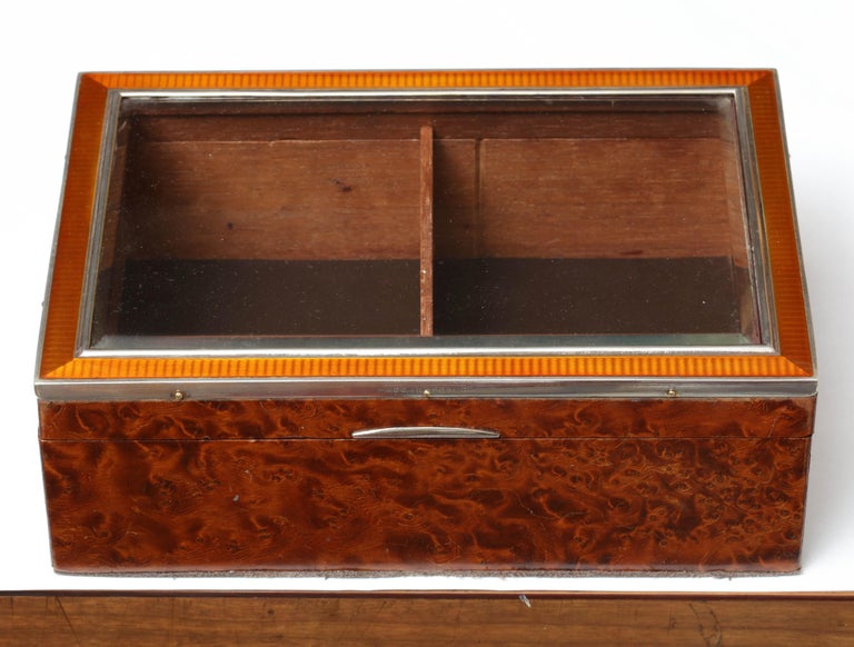 Fabulous, rare, Art Deco, sterling silver, rust colored enamel and beveled glass-mounted burled walnut table box with hinged lid, Paris, circa 1910, Alphonse DeBain (who worked from 1883-1911; his shop was located at 79 Rue du Temple in Paris) -