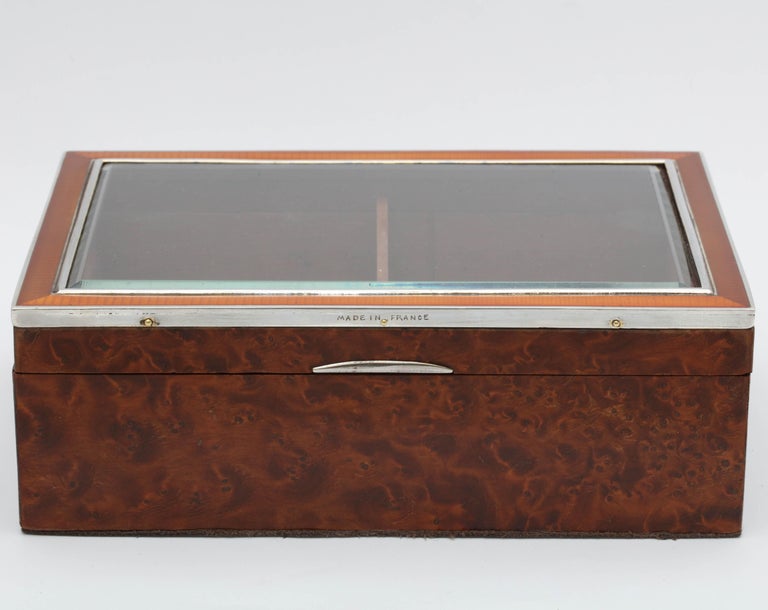 French Art Deco Sterling Silver, Enamel Glass-Mounted Burled Walnut Table Box For Sale 2