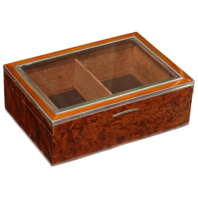 French Art Deco Sterling Silver, Enamel Glass-Mounted Burled Walnut Table Box For Sale