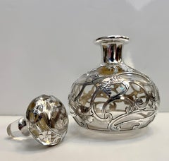 French Art Deco Sterling Silver Flower Overlay Crystal Glass Perfume Bottle