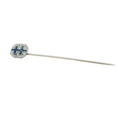 French Art Deco Stickpin Blue Sapphire Diamond 18K White Gold
