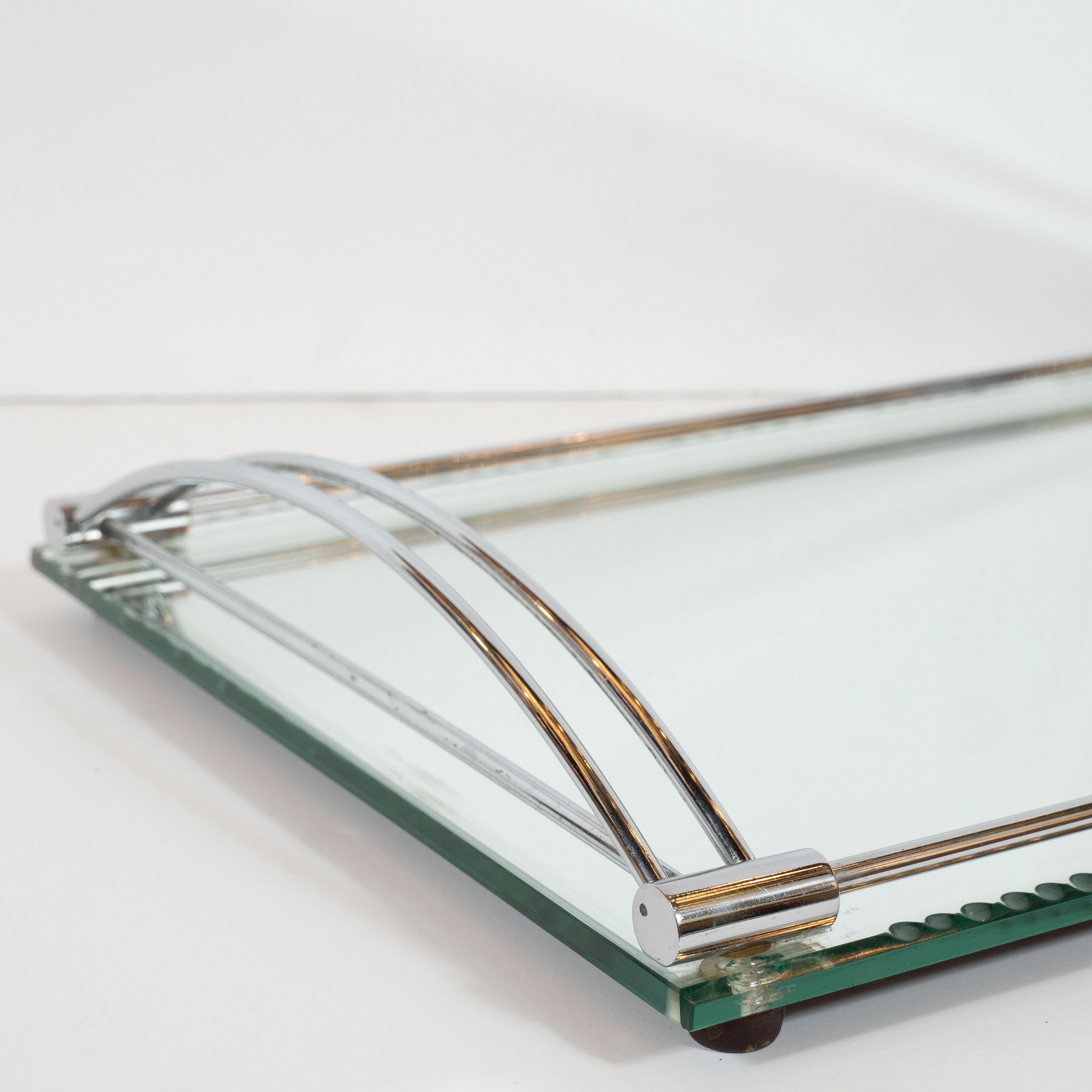 French Art Deco Streamlined Chrome and Chain Beveled Mirror Bar Tray In Excellent Condition In New York, NY