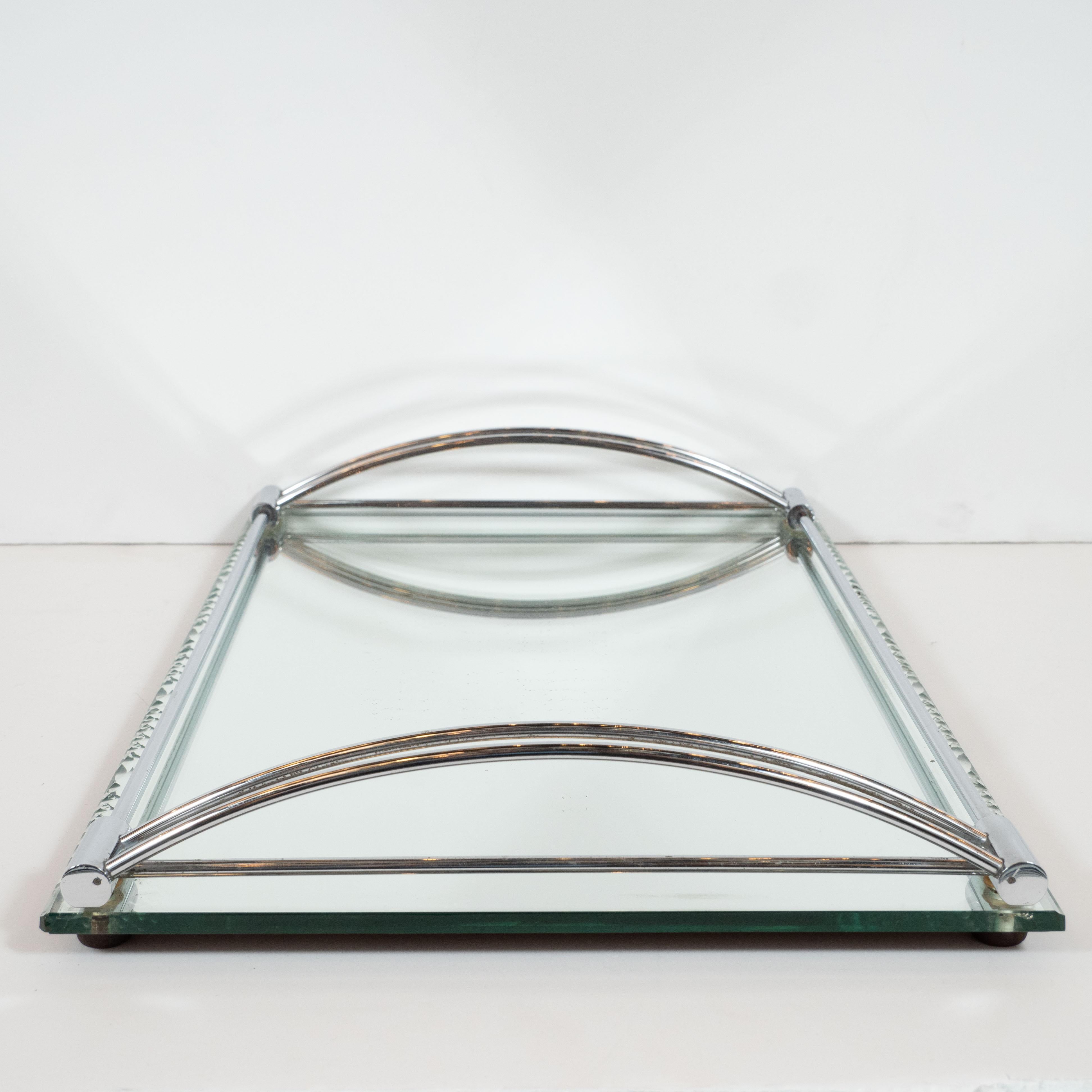 Mid-20th Century French Art Deco Streamlined Chrome and Chain Beveled Mirror Bar Tray