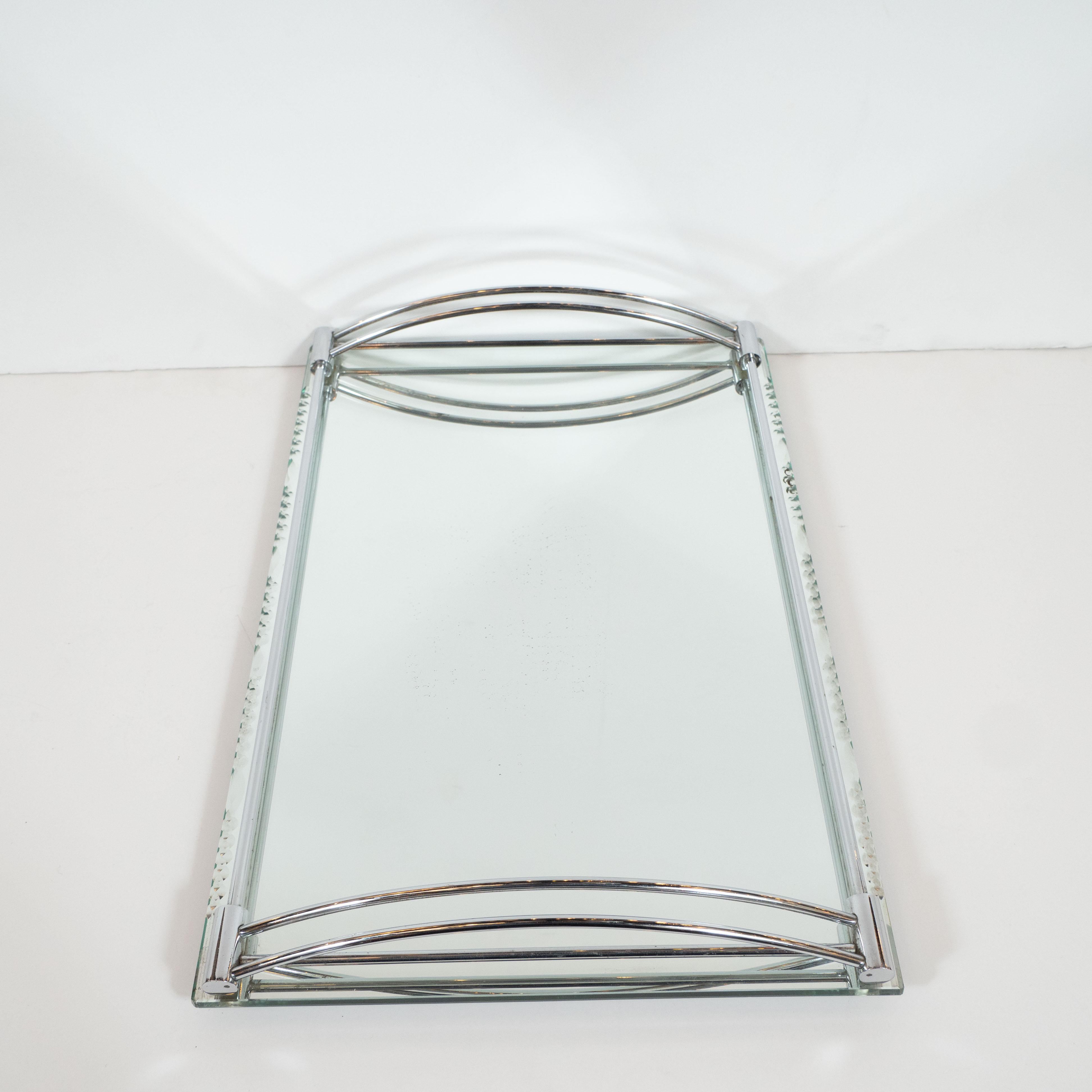 French Art Deco Streamlined Chrome and Chain Beveled Mirror Bar Tray 2