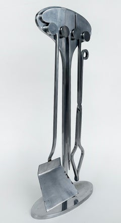 French Art Deco Streamlined Moderne Chromed Fireplace Tools, Early 20th Century