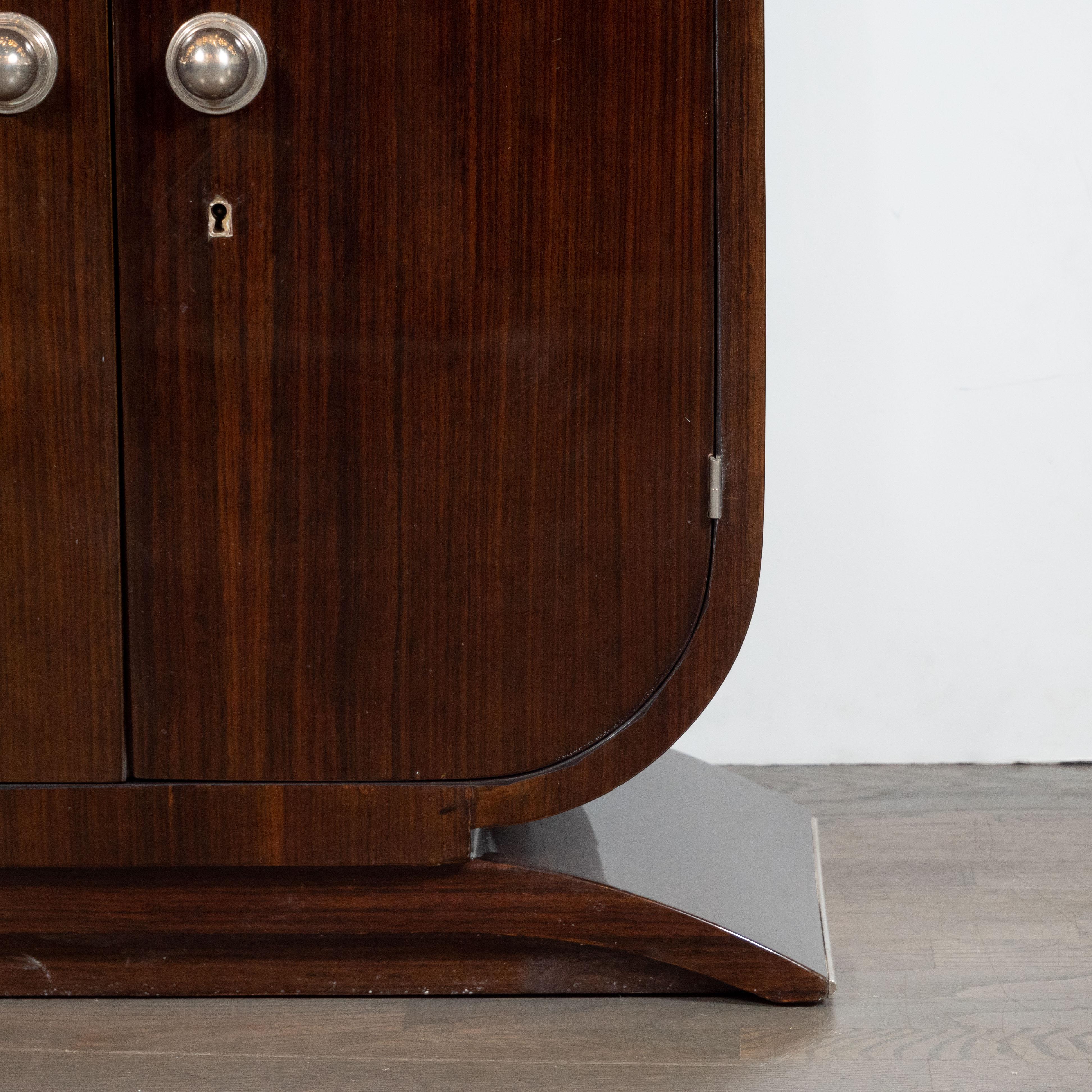 French Art Deco Streamlined Walnut & Nickeled Bronze Illuminating Bar Cabinet In Excellent Condition In New York, NY