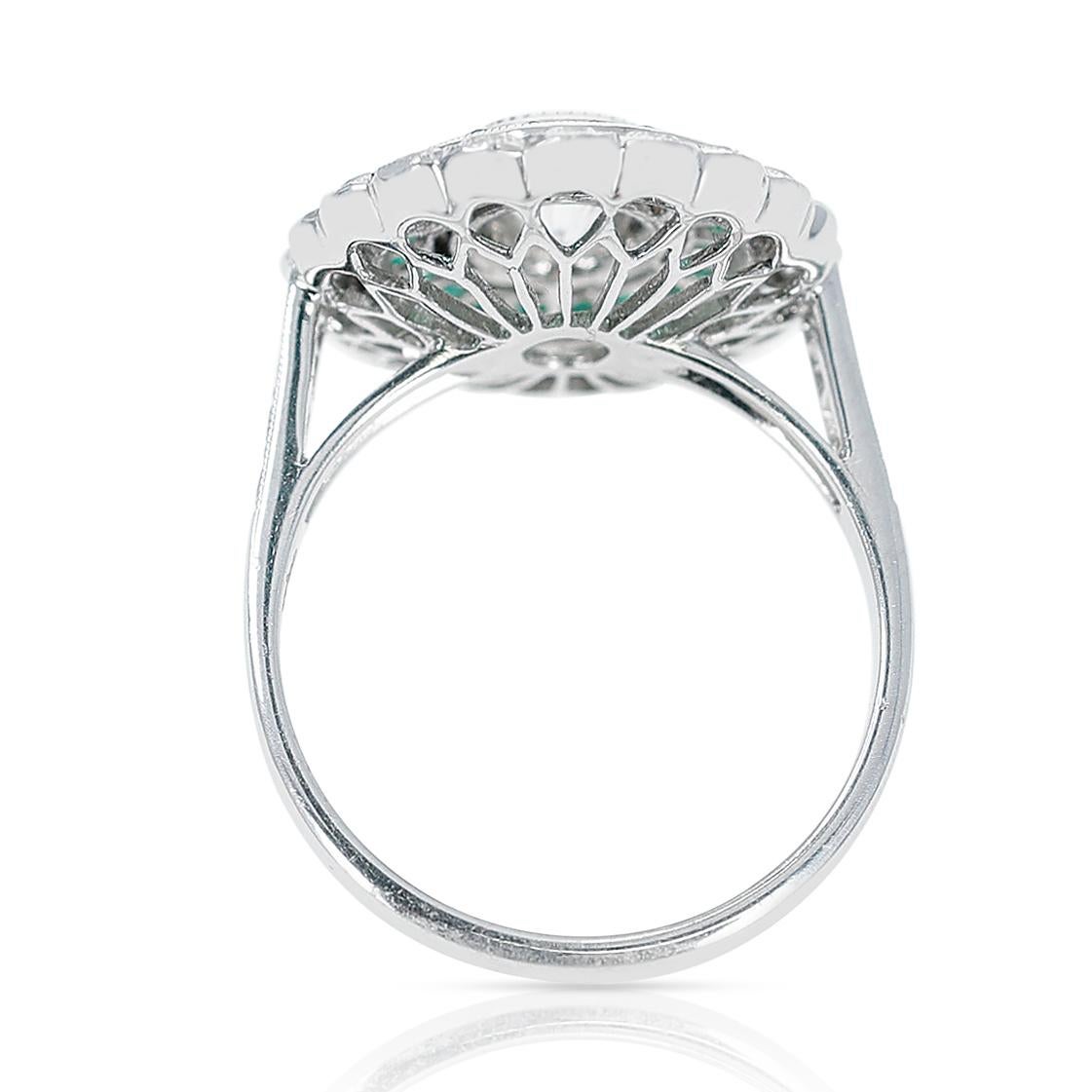 Round Cut French Art Deco Style 0.80 Carat Diamond and Emerald Engagement Ring, Platinum For Sale