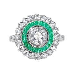 Vintage French Art Deco Style 0.80 Carat Diamond and Emerald Engagement Ring, Platinum