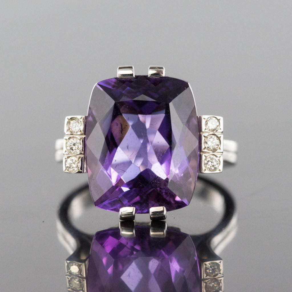 French Art Deco Style 10 Carat Amethyst Diamond Gold Ring 7