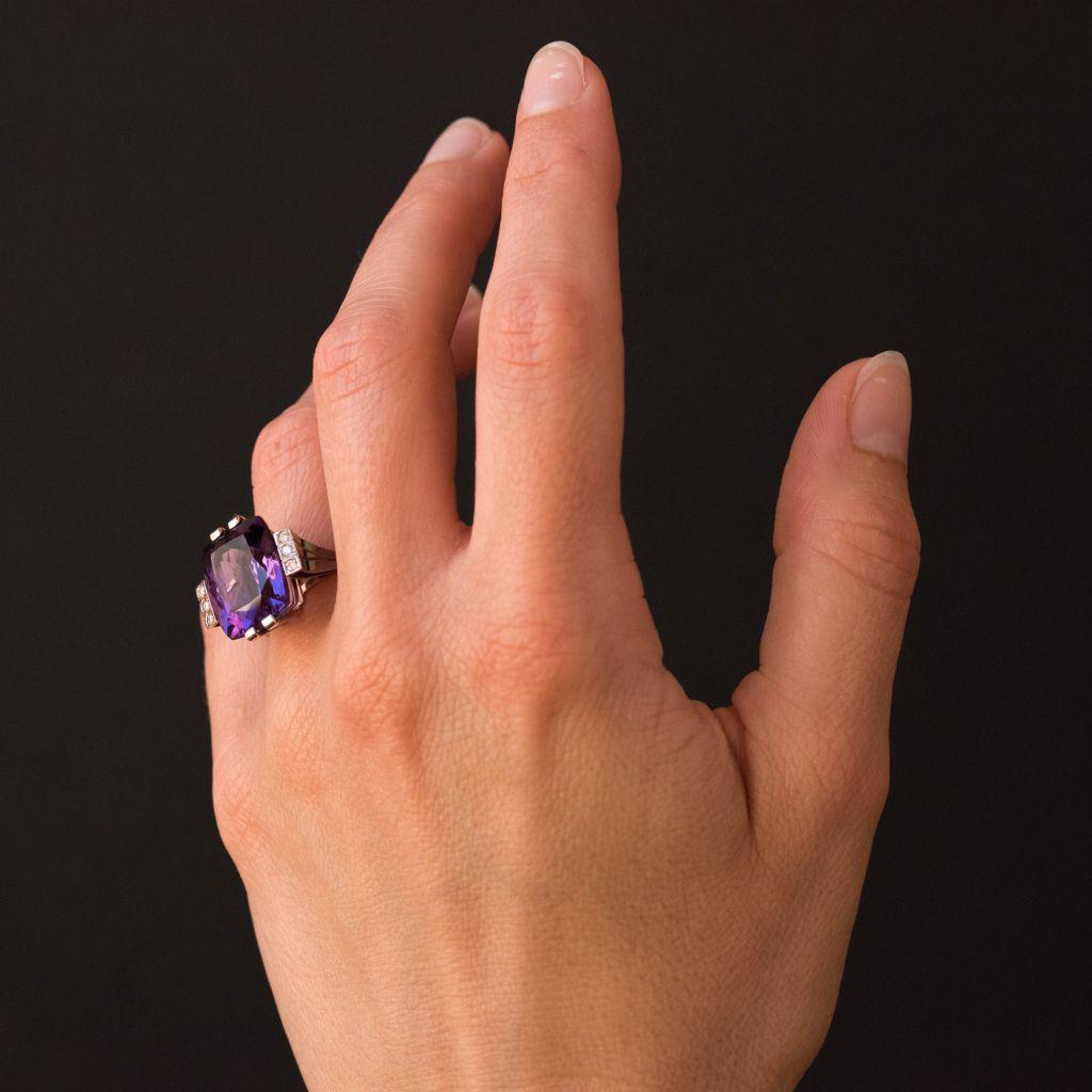 French Art Deco Style 10 Carat Amethyst Diamond Gold Ring In New Condition In Poitiers, FR