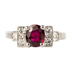French Art Deco Style 1.26 Ruby Diamonds Platinum Ring