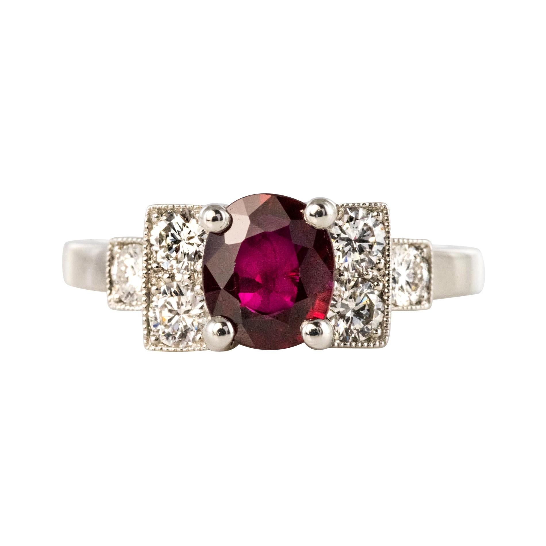French Art Deco Style 1.47 Ruby Diamonds Platinum Ring