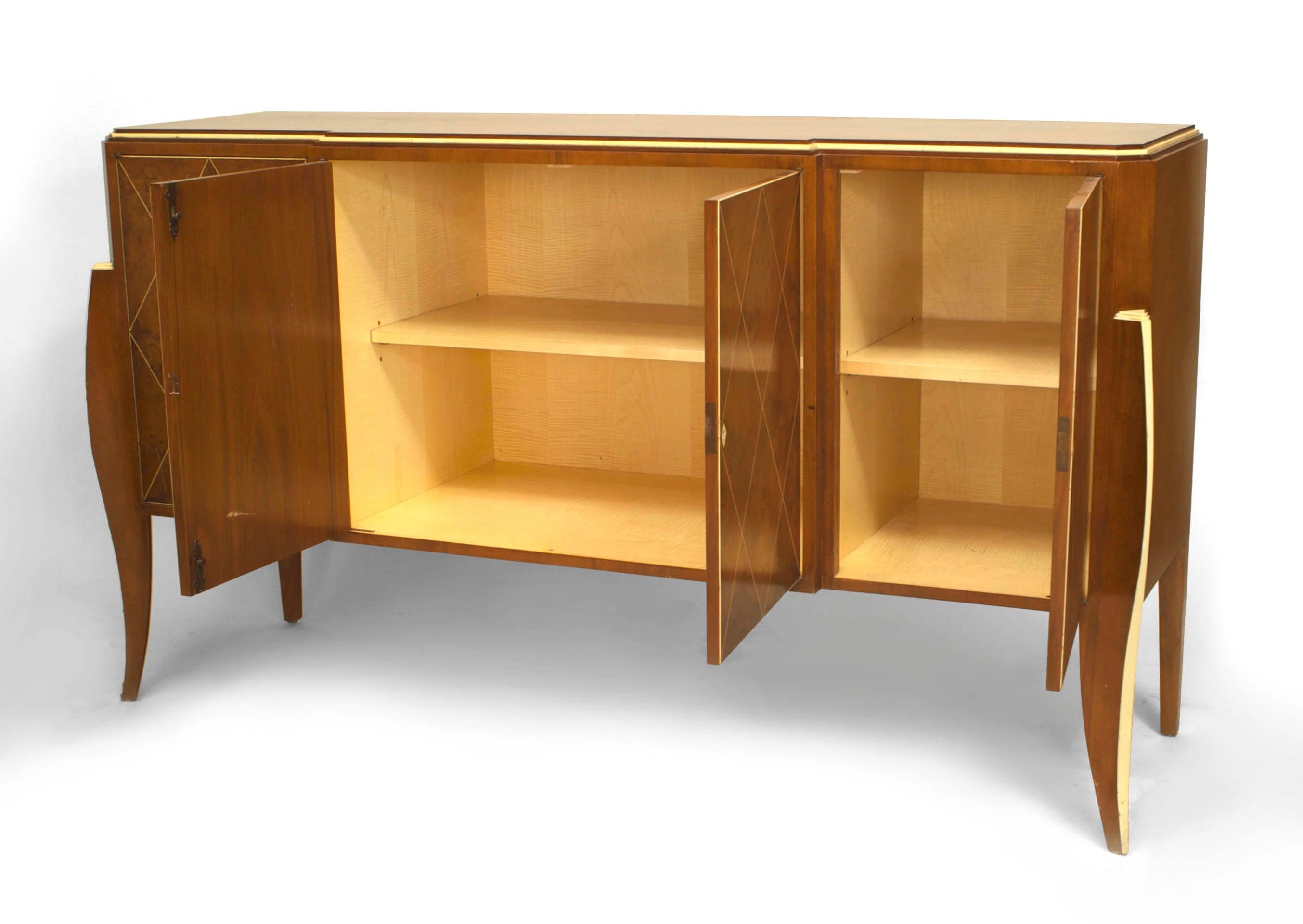 French Art Deco style amboyna wood 4 door sideboard with inlaid diamond design and trim.
