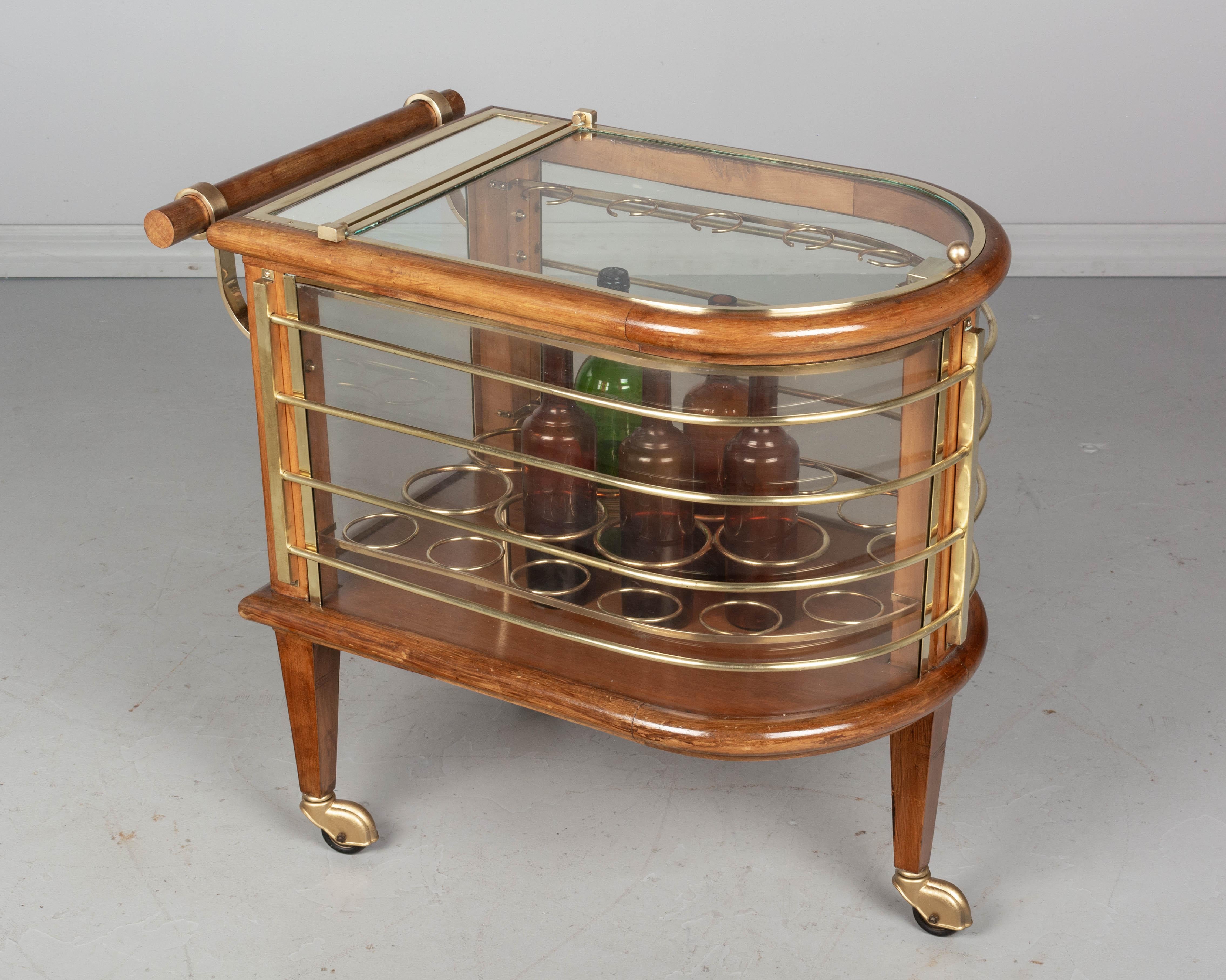 Brass French Art Deco Style Bar Cart, or Cocktail Trolley by Louis Sognot