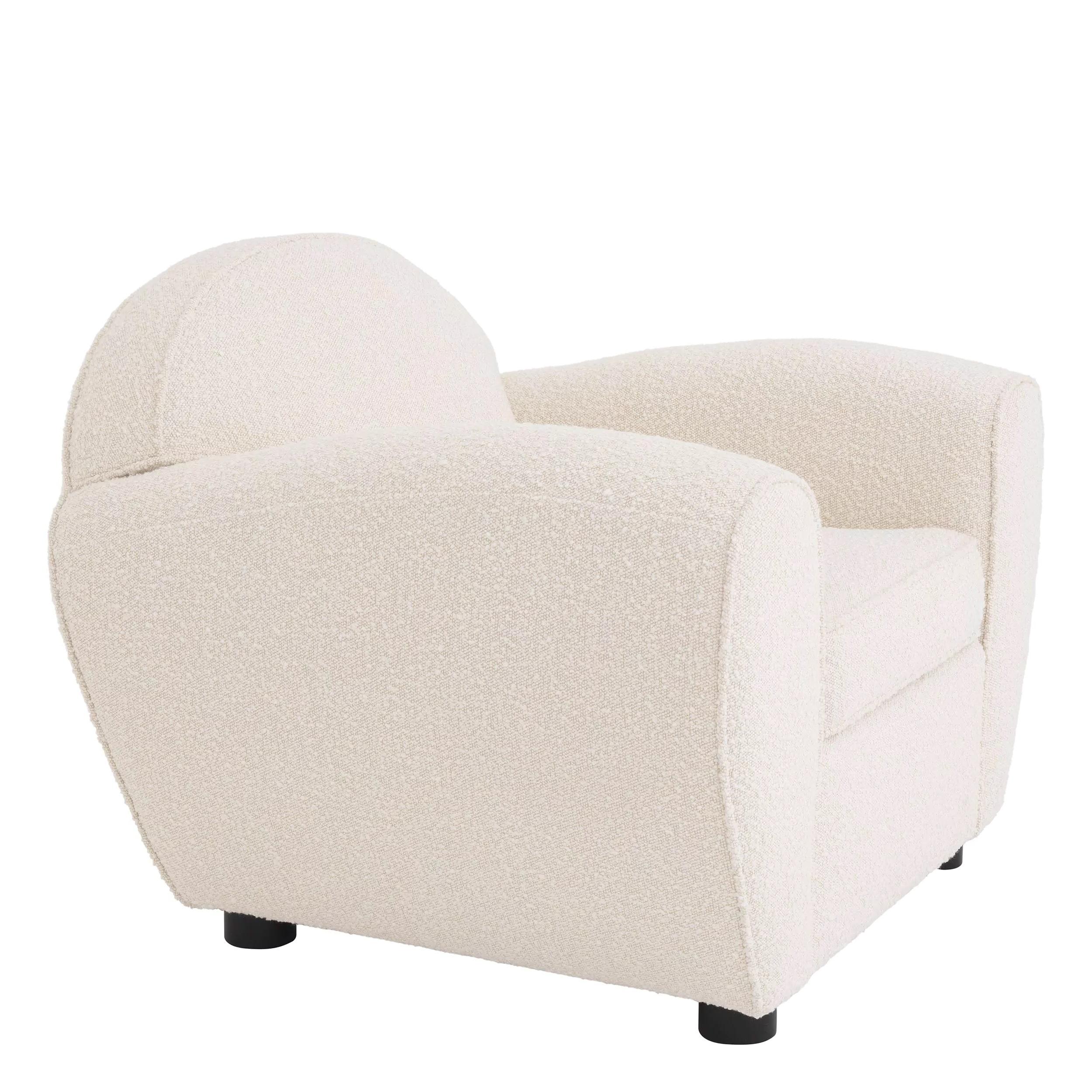 French Design And Art Deco style beige bouclé fabric and black wooden feet rounded curved and comfy club chair.