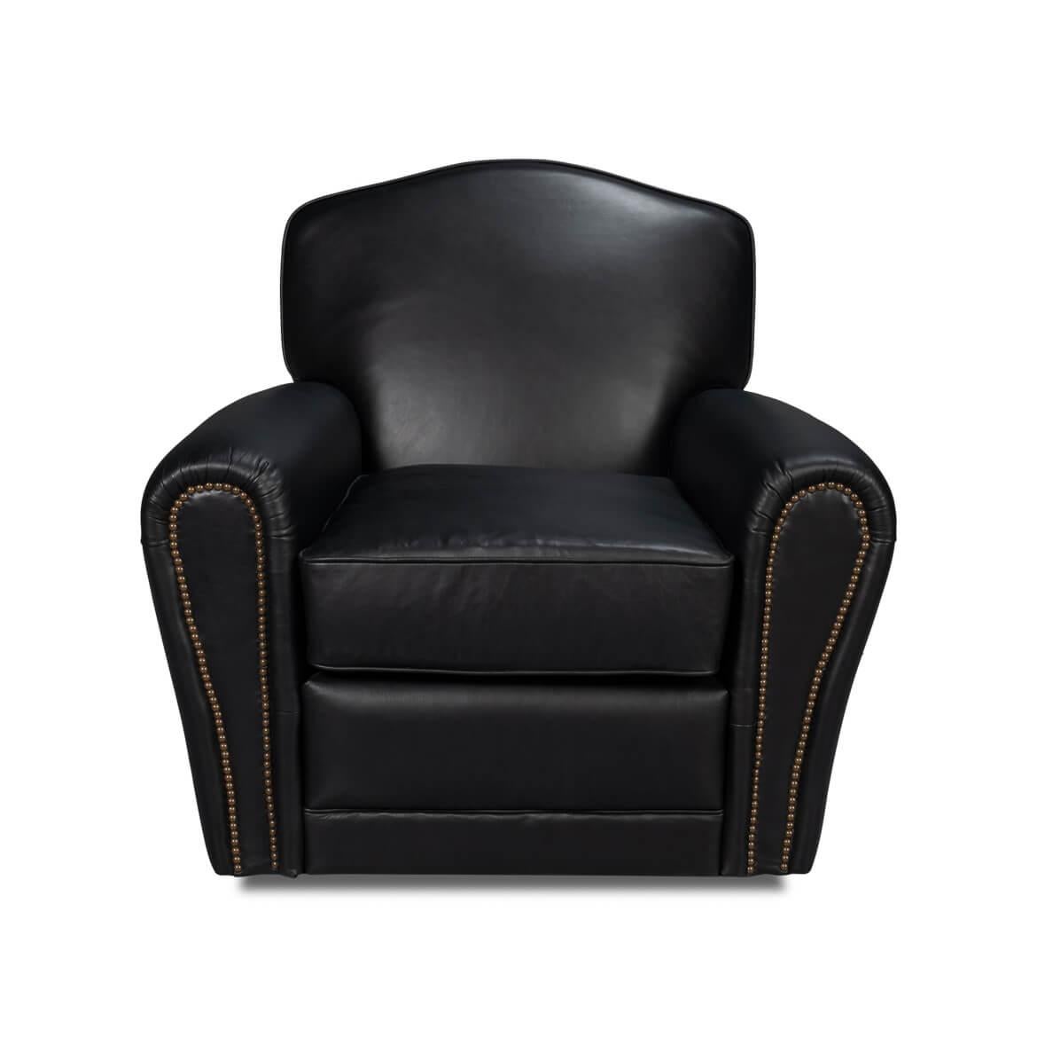An Art Deco style leather upholstered club chair, in our Onyx Black leather, with long rolled arms, a padded seat back, and cushions, with detailed nailhead trim and raised on a swivel base.
Dimensions: 36