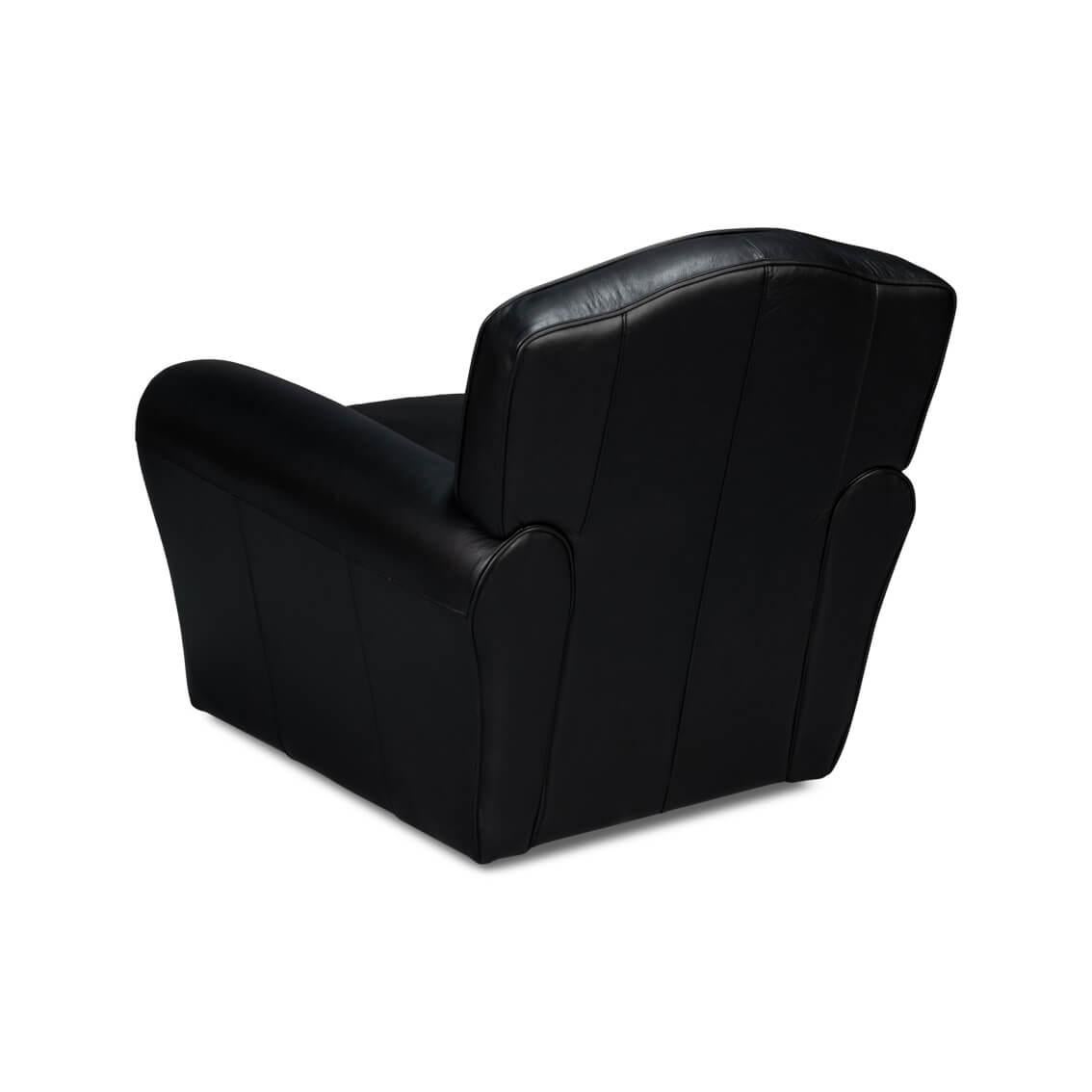 Contemporary French Art Deco Style Black Leather Club Chair For Sale