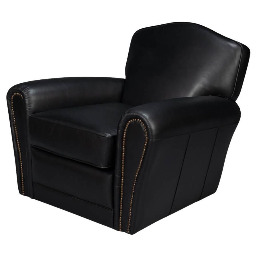 French Art Deco Style Black Leather Club Chair For Sale