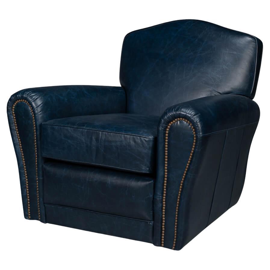 Fauteuil club français de style Art déco en cuir bleu en vente