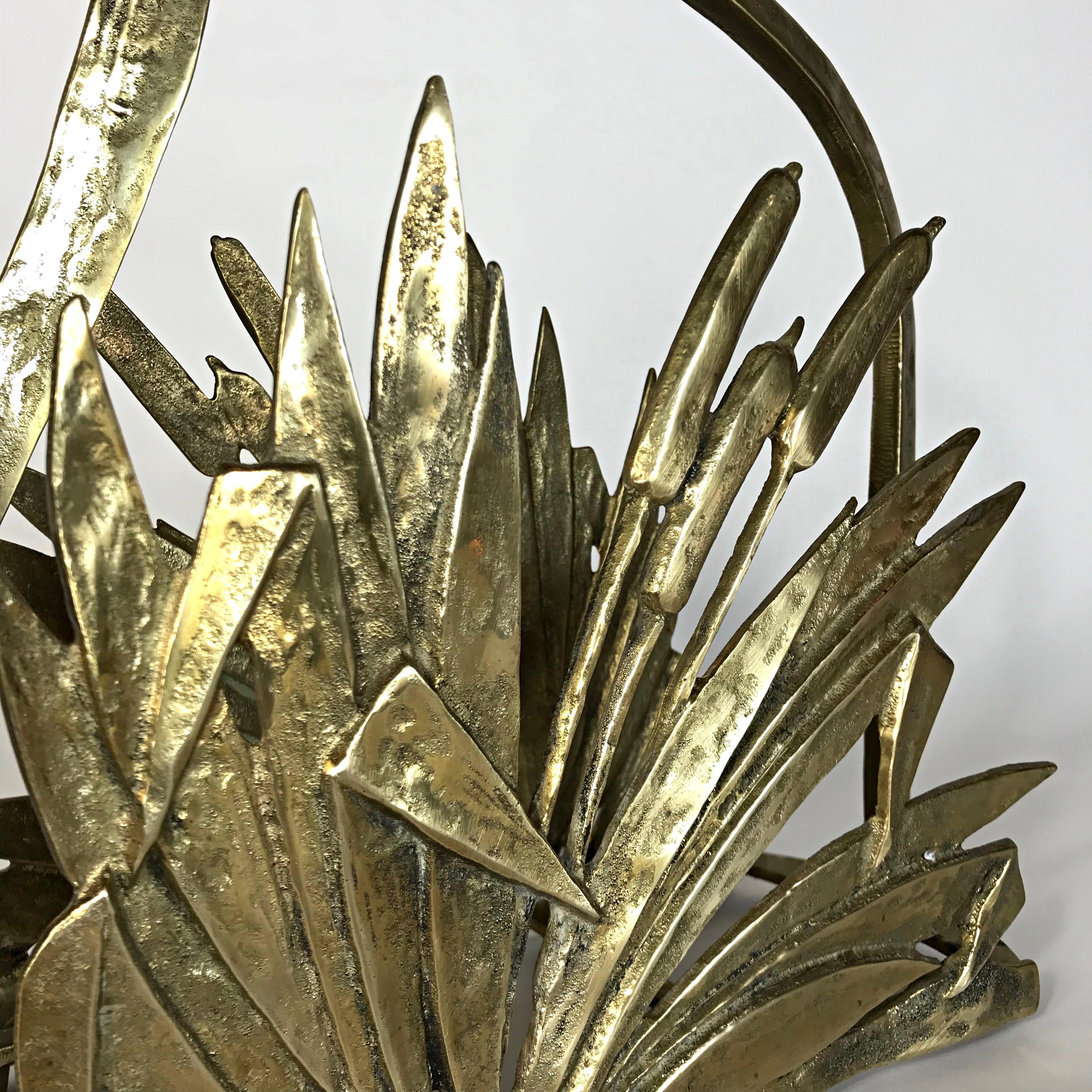 Hand-Crafted French Art Deco Style Brass Faux Bamboo Leaves Magazine Rack, 1950s, France