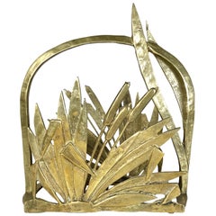 Vintage French Art Deco Style Brass Faux Bamboo Leaves Magazine Rack, 1950s, France