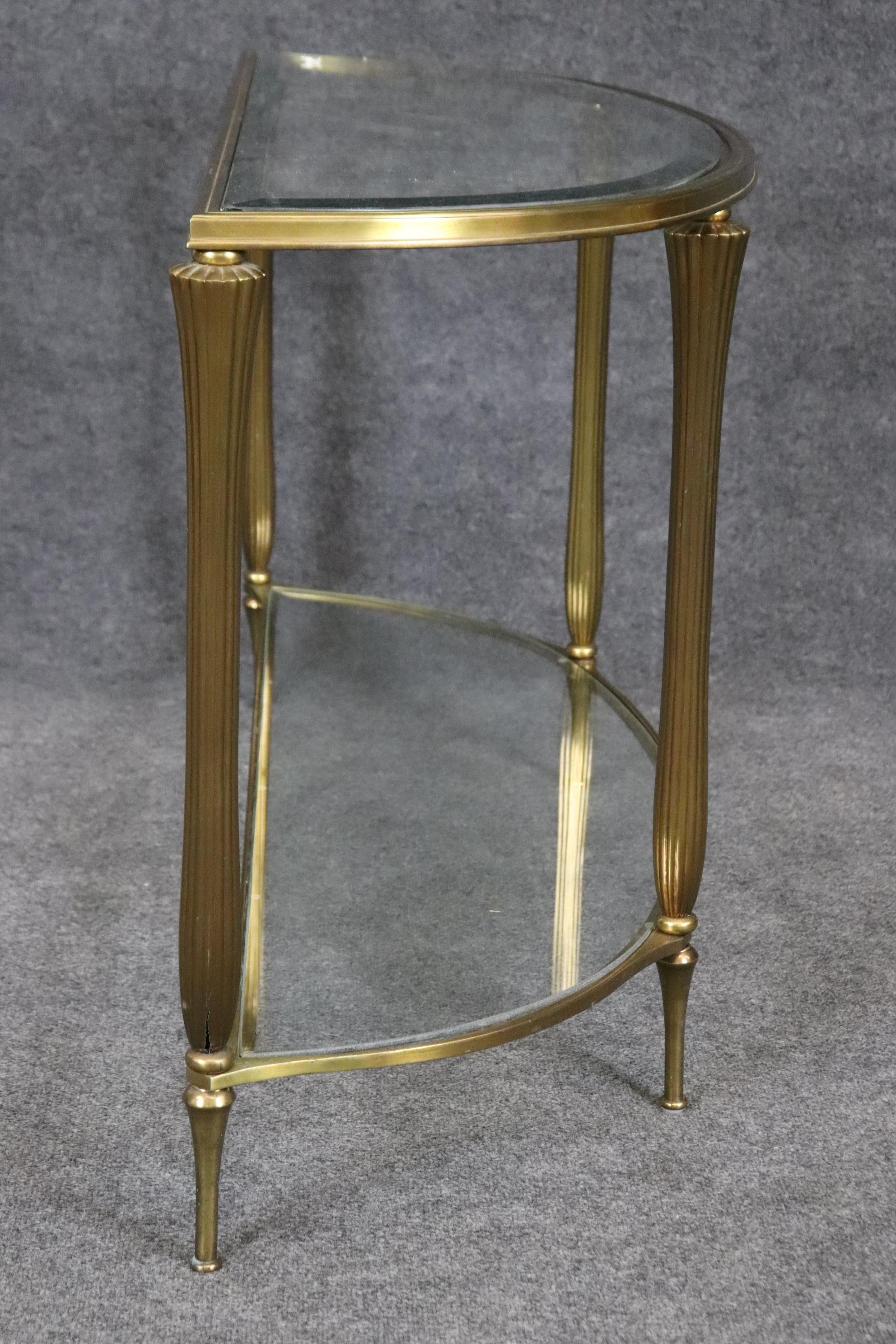 Italian French Art Deco Style Brass Two Tier Glass Top Demilune Console Table