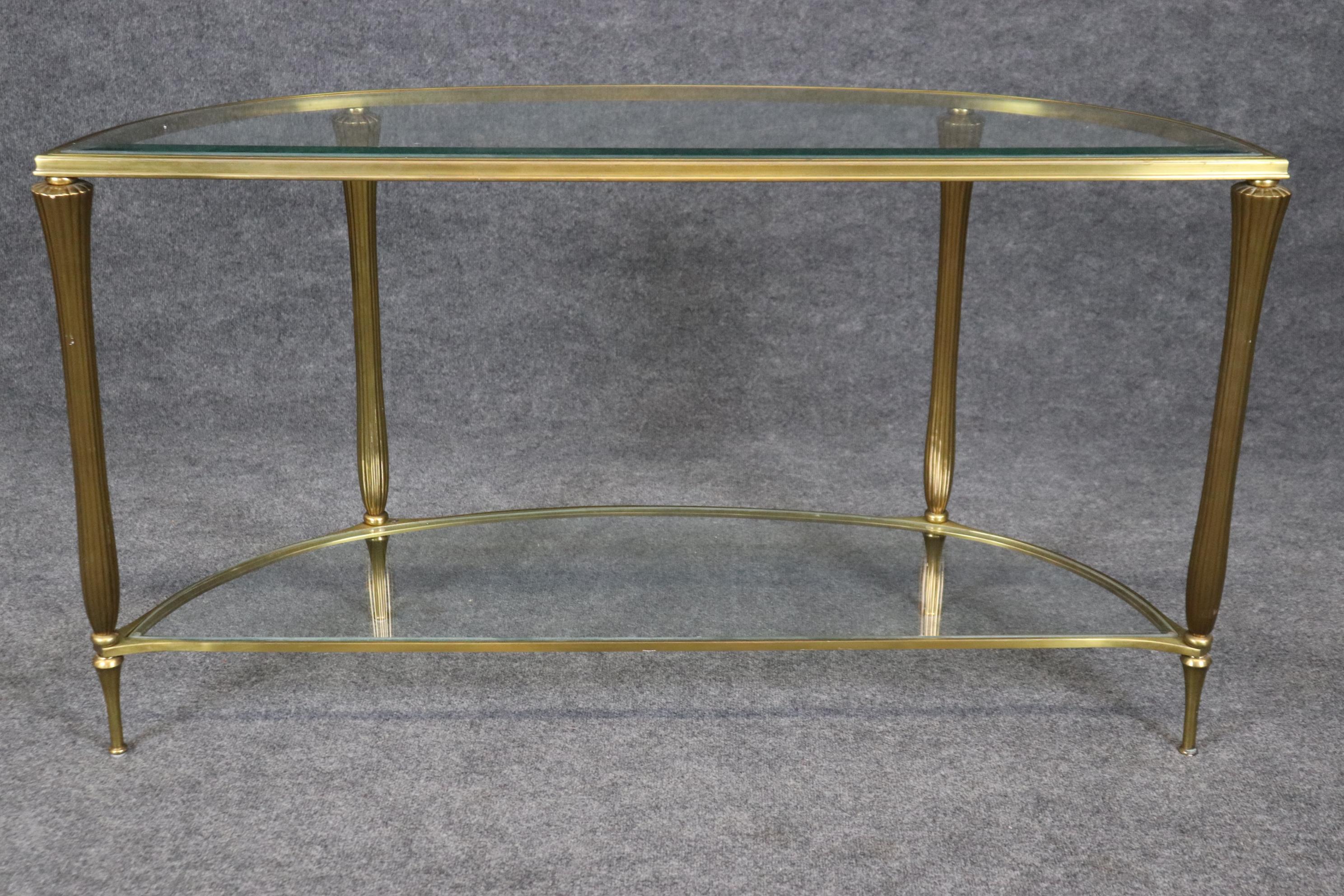 French Art Deco Style Brass Two Tier Glass Top Demilune Console Table In Good Condition In Swedesboro, NJ