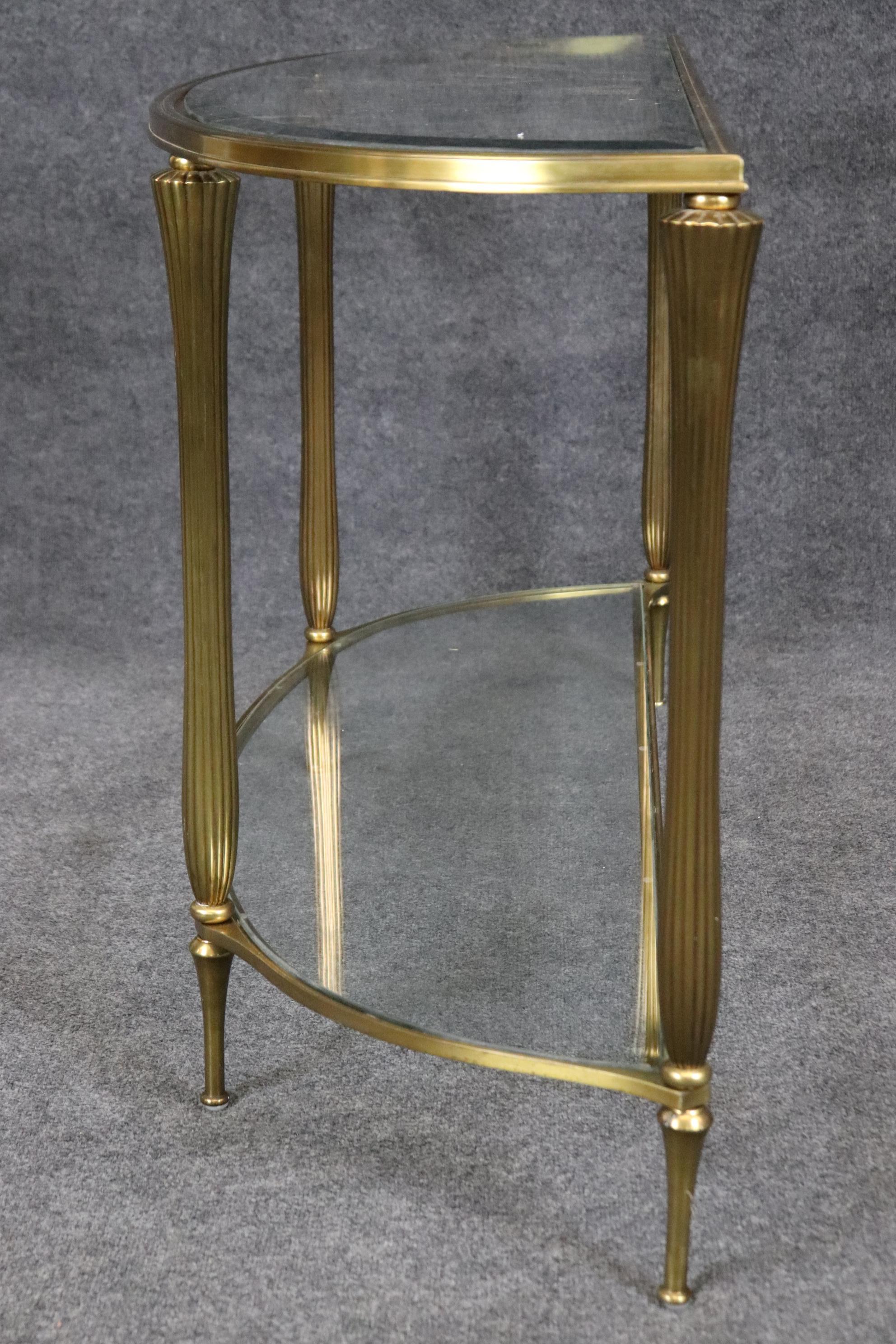 Late 20th Century French Art Deco Style Brass Two Tier Glass Top Demilune Console Table