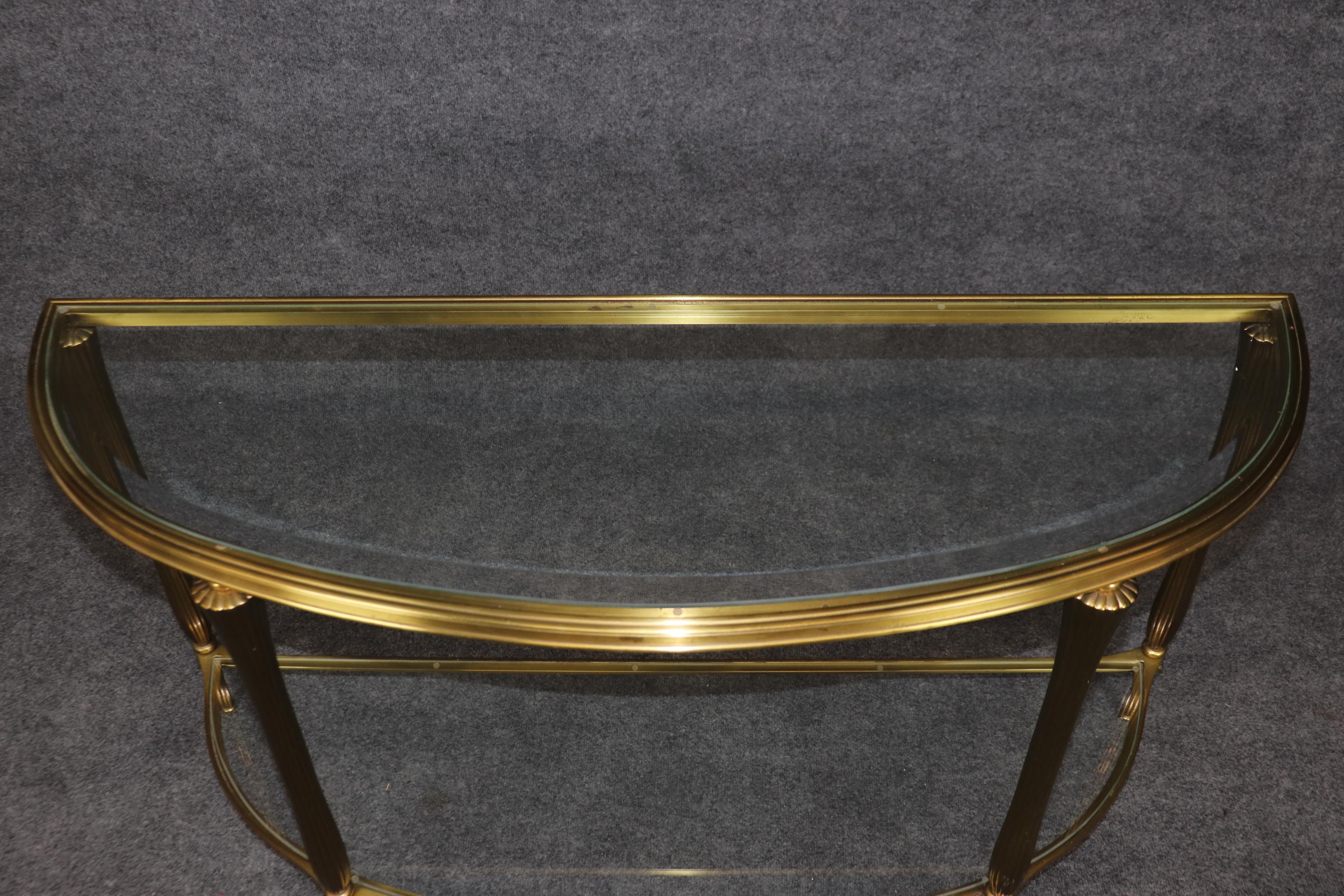 French Art Deco Style Brass Two Tier Glass Top Demilune Console Table 1