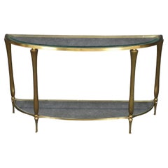French Art Deco Style Brass Two Tier Glass Top Demilune Console Table