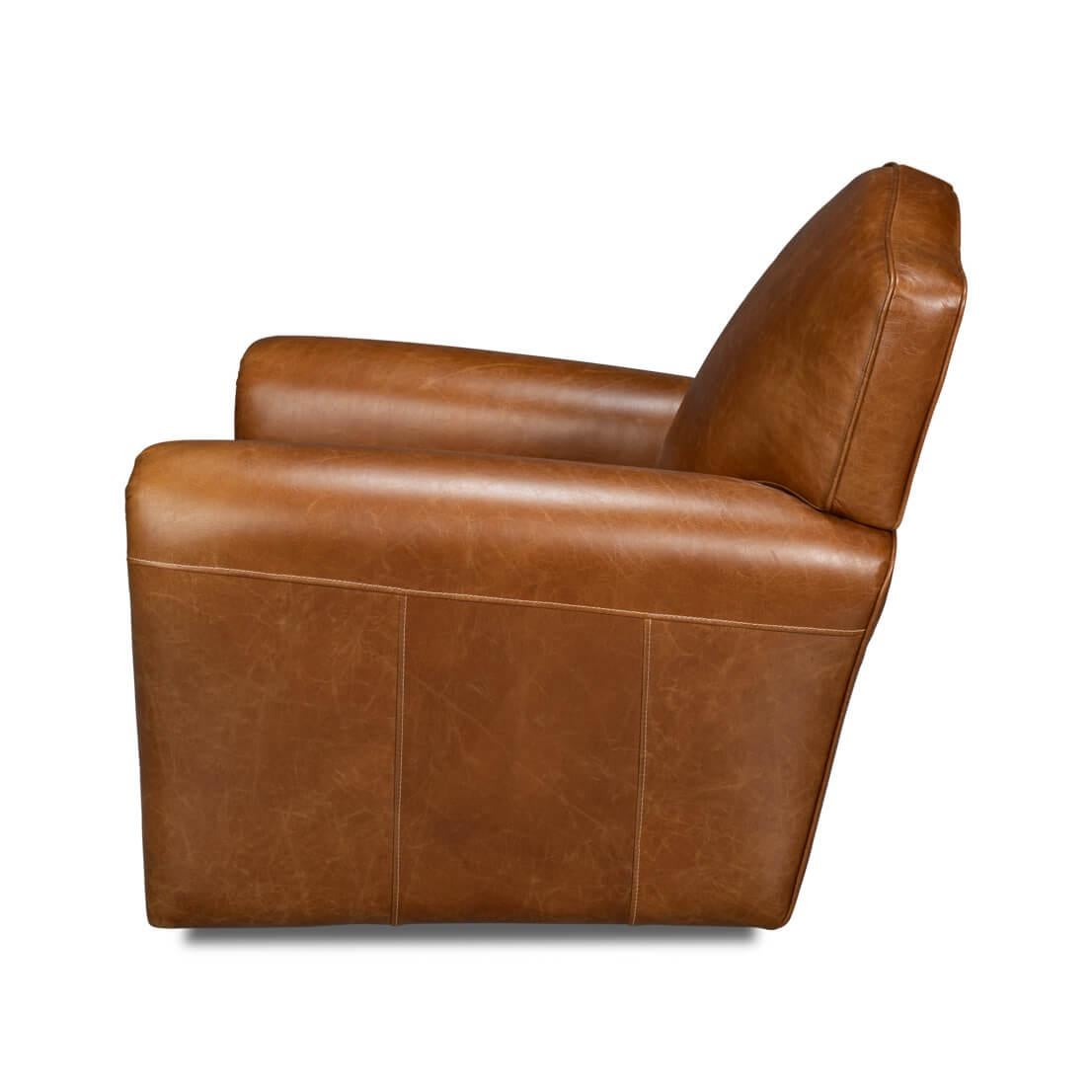 Asian French Art Deco Style Brown Leather Club Chair For Sale