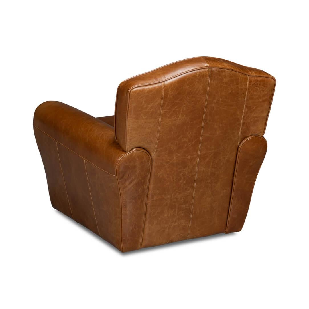 Contemporary French Art Deco Style Brown Leather Club Chair For Sale