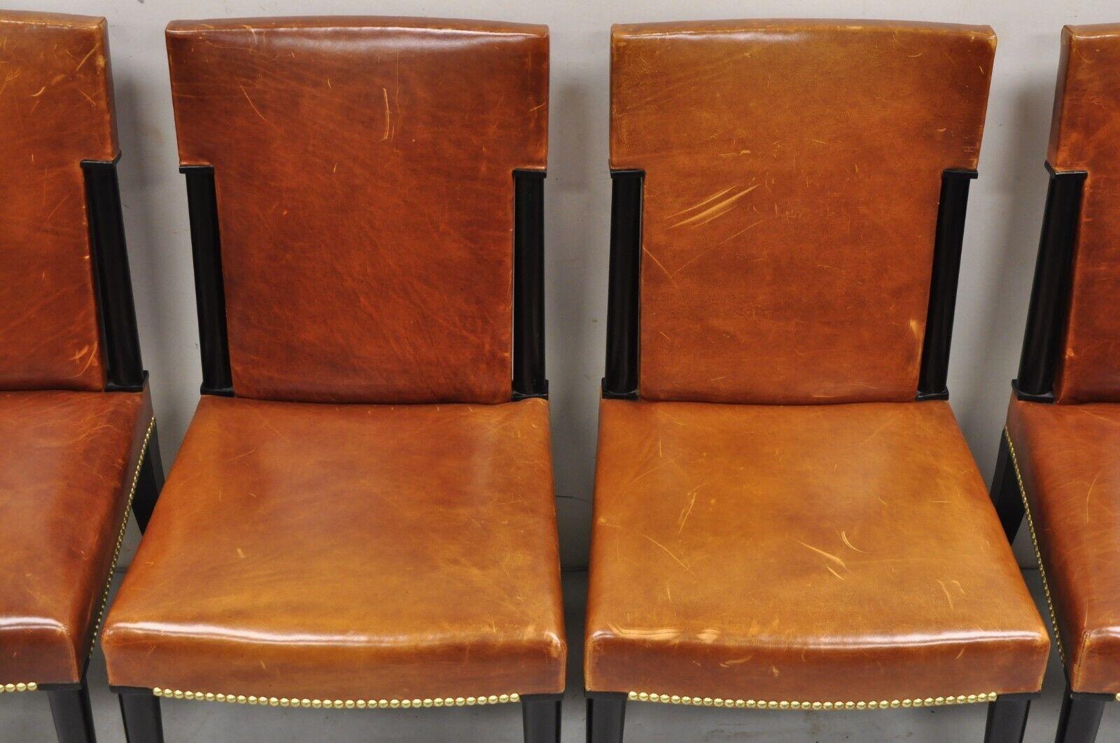 French Art Deco Style Brown Leather Ebonized Frame Dining Chairs - Set of 8 For Sale 5