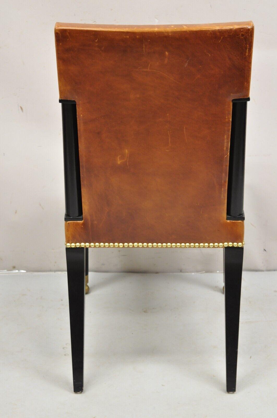 French Art Deco Style Brown Leather Ebonized Frame Dining Chairs - Set of 8 For Sale 7