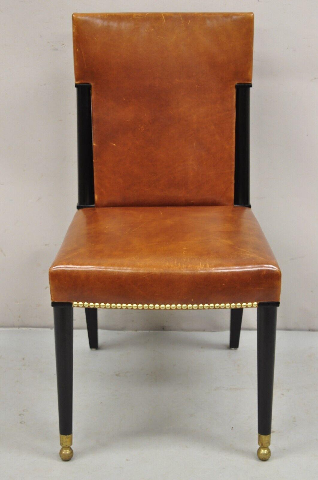French Art Deco Style Brown Leather Ebonized Frame Dining Chairs - Set of 8 For Sale 13