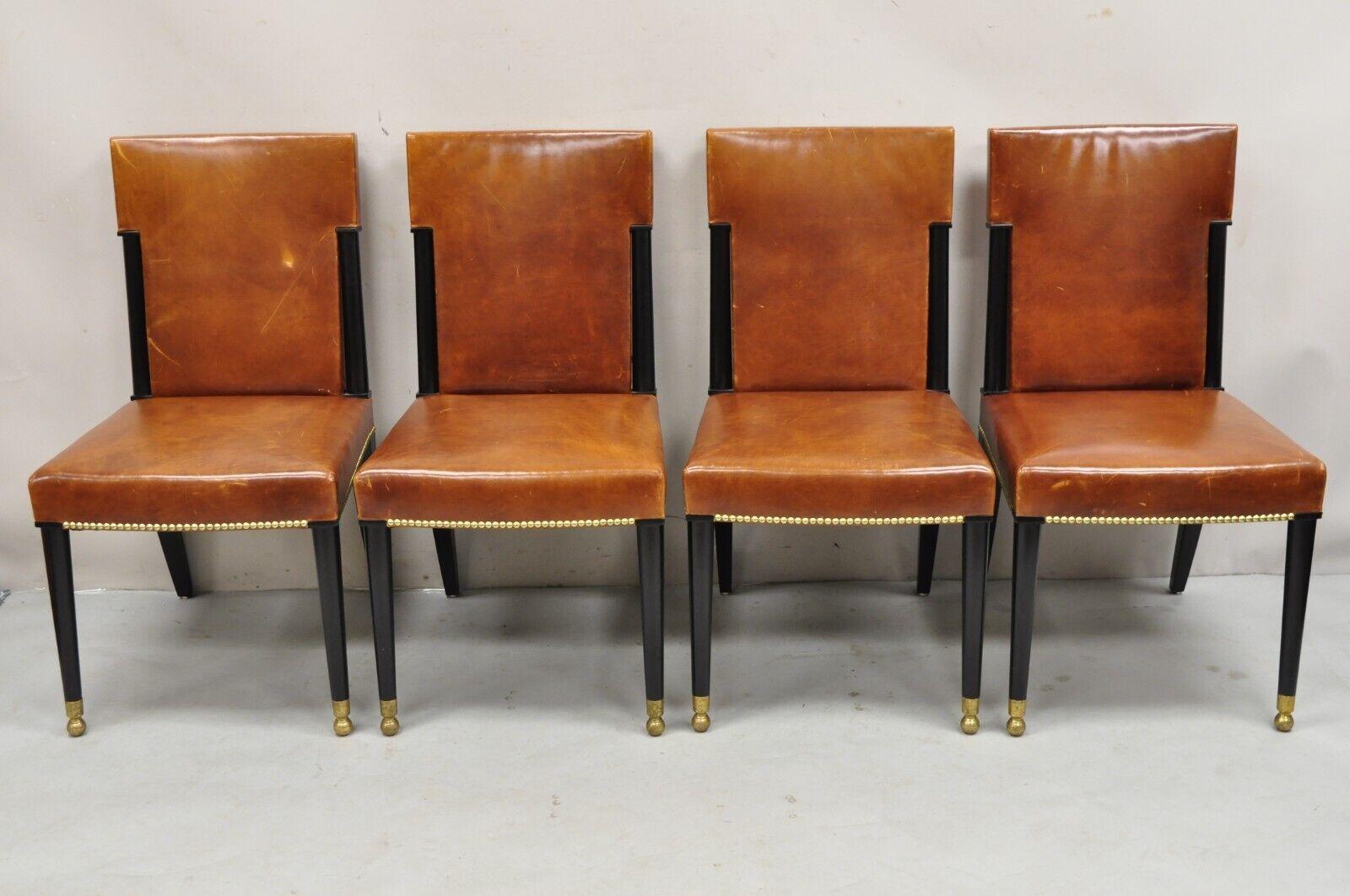 French Art Deco Style Brown Leather Ebonized Frame Dining Chairs - Set of 8 In Good Condition For Sale In Philadelphia, PA