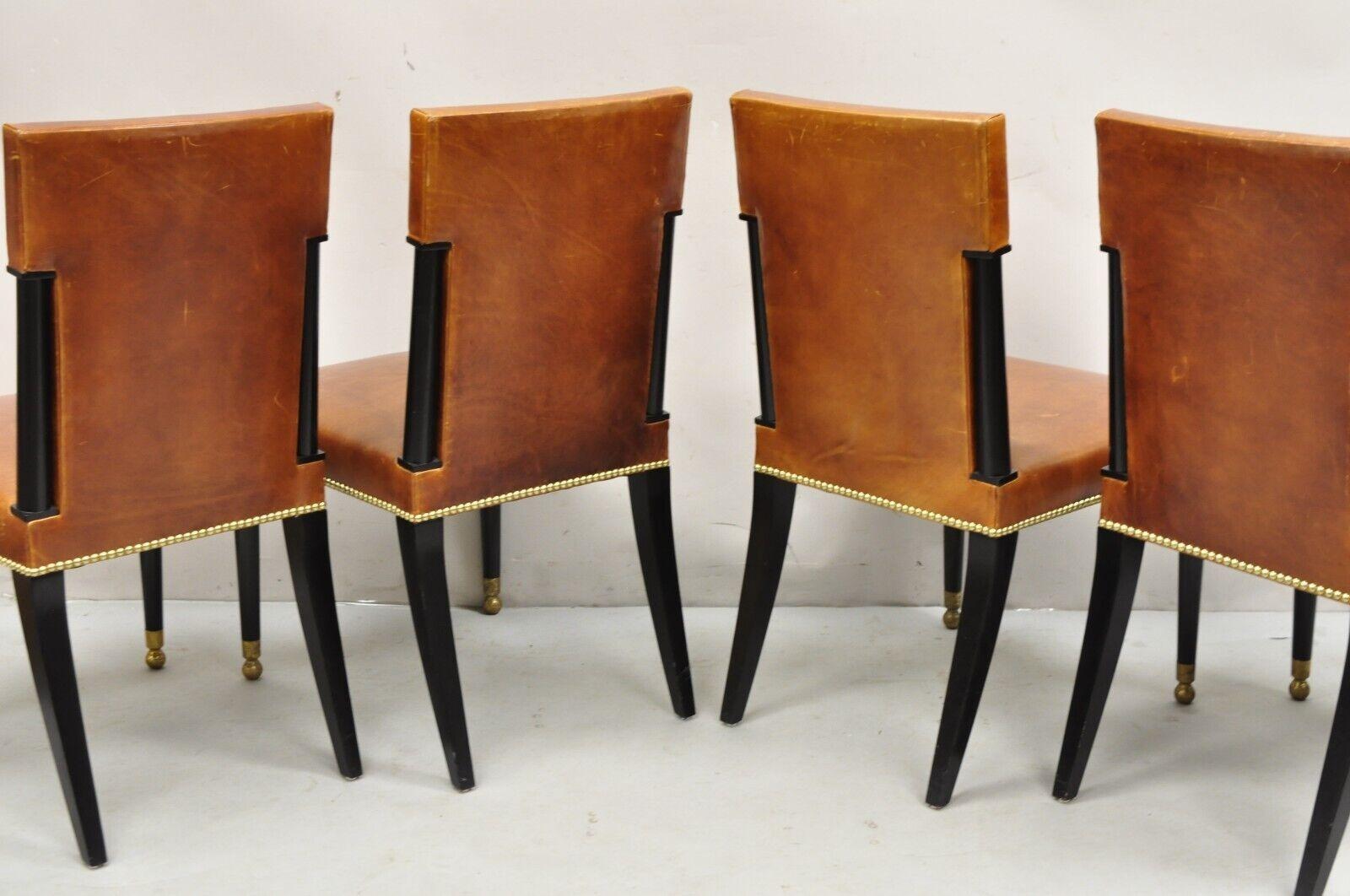 20th Century French Art Deco Style Brown Leather Ebonized Frame Dining Chairs - Set of 8 For Sale