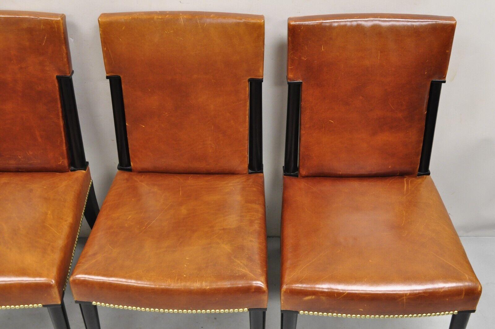 French Art Deco Style Brown Leather Ebonized Frame Dining Chairs - Set of 8 For Sale 2