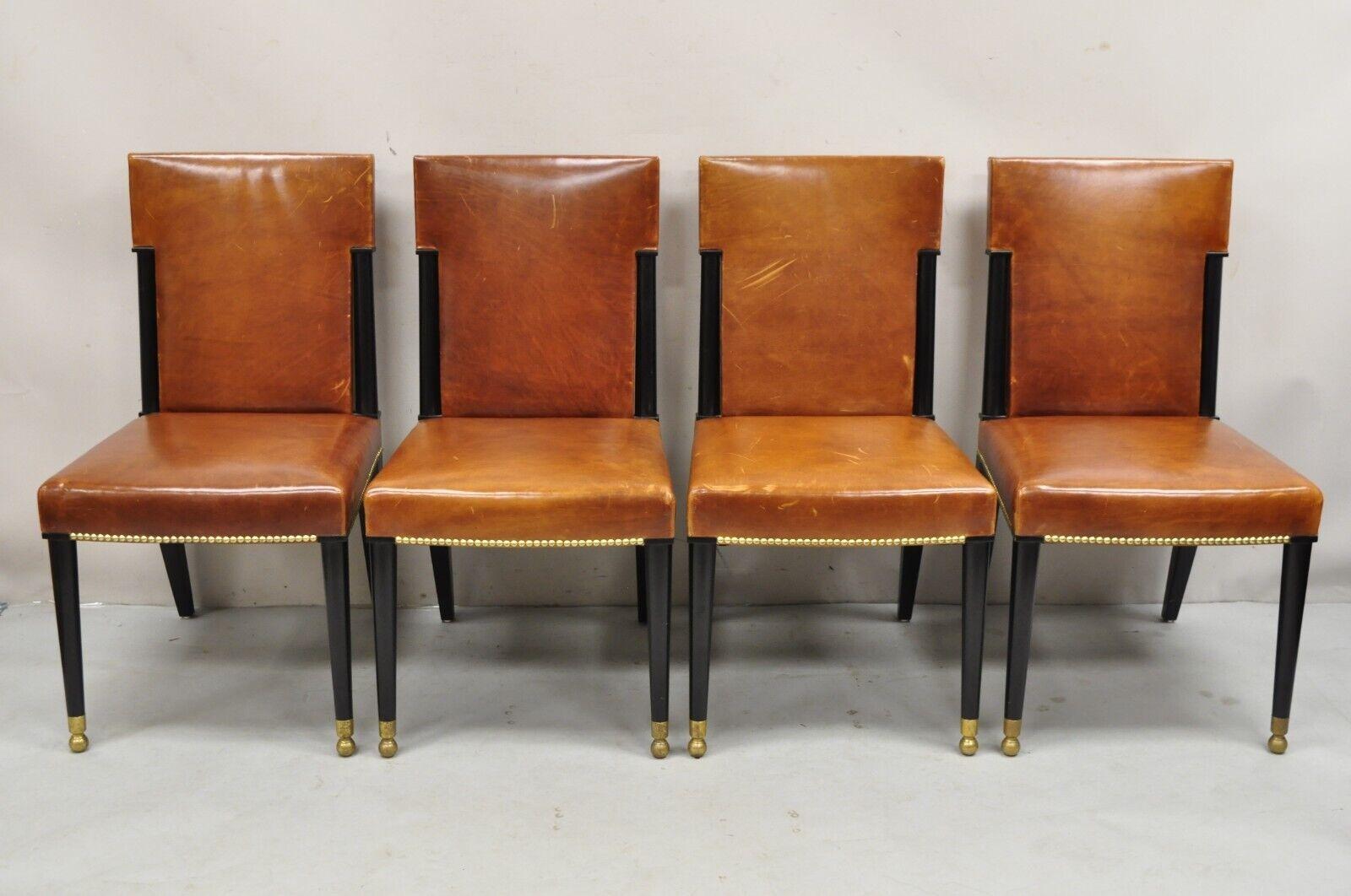 French Art Deco Style Brown Leather Ebonized Frame Dining Chairs - Set of 8 For Sale 4