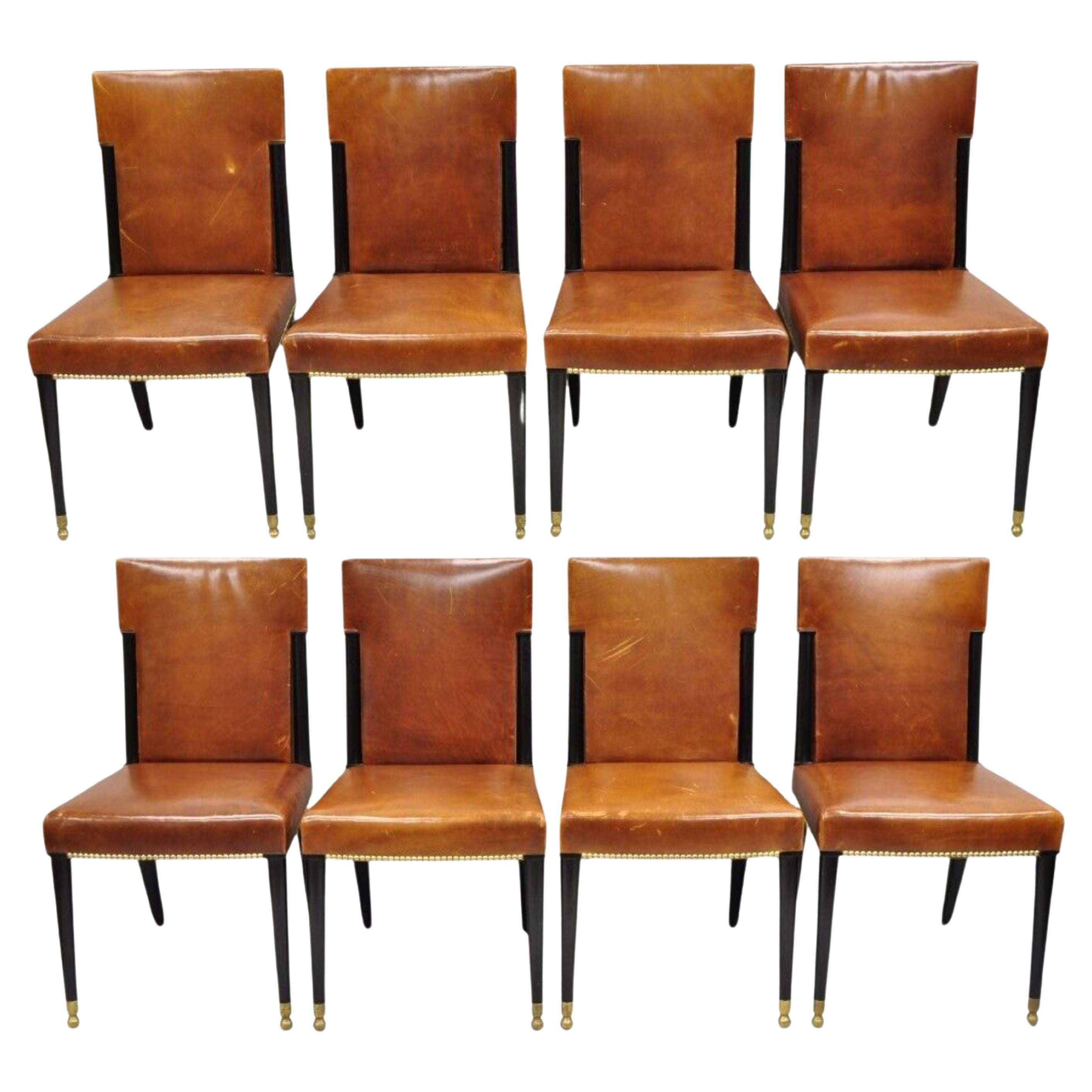 French Art Deco Style Brown Leather Ebonized Frame Dining Chairs - Set of 8 For Sale