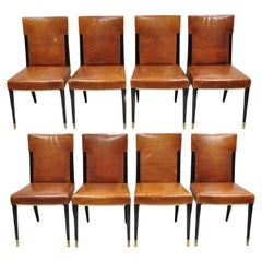 Retro French Art Deco Style Brown Leather Ebonized Frame Dining Chairs - Set of 8