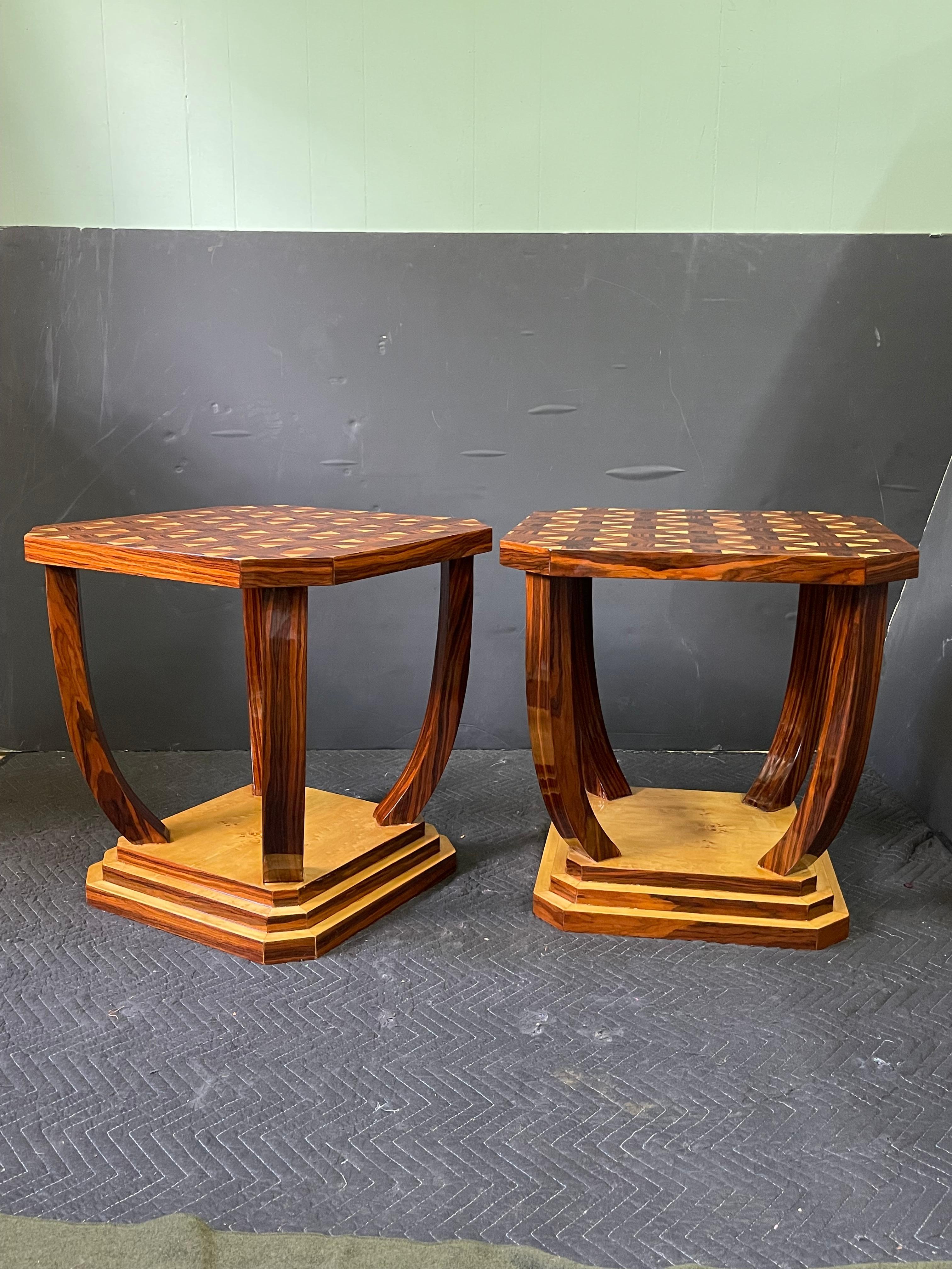 Birdseye Maple French Art Deco Style Burl Wood Side Tables