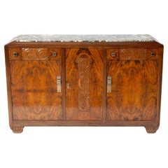 French Art Deco Style Burlwood & Marble Top Credenza/Sideboard