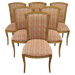 French Art Deco Style Carved Wood Red Upholstered Dining Side Chairs - Set of 6