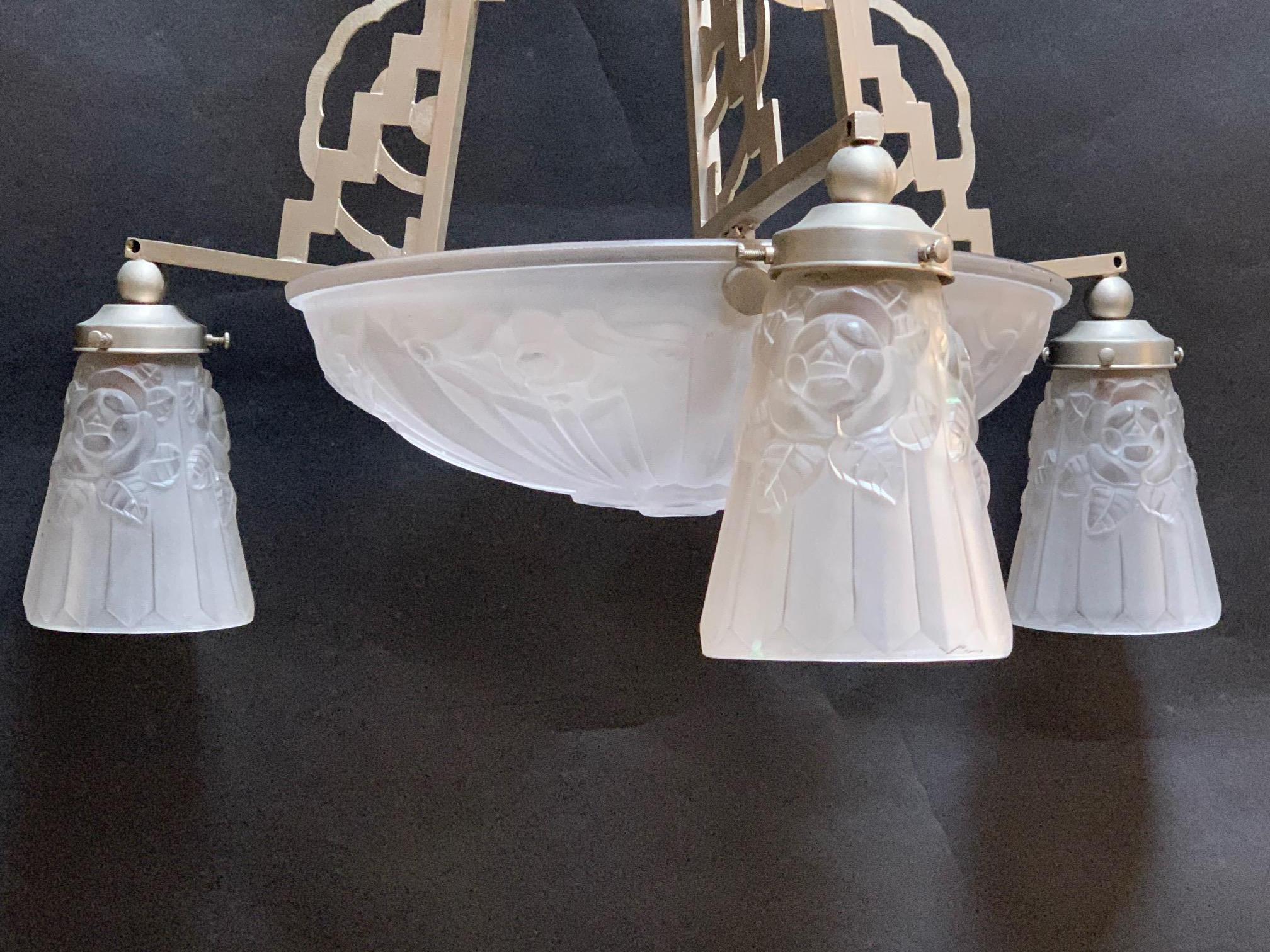 Metal French Art Deco Style Chandelier For Sale