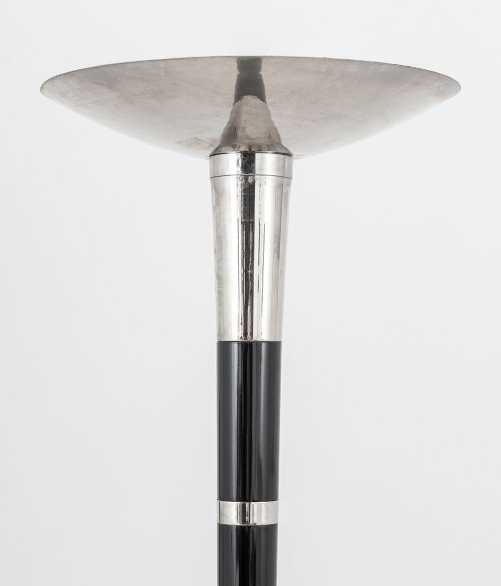 French Art Deco Style Chrome and Ebonized Floor Lamp, with saucer shade. 73.75